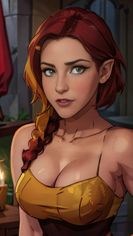 (, eden_sher, gorgeous woman,, red hair, short hair, twin_lo_braids), dark skin, ((yellow eyes)), elf ears , seductive, smirking, (medium breasts, perfect breasts), narrow waist, strong shoulders, , BREAK, gold dress, intricate fabric, boob cutout, boob window, cleavage , portrait, 1 woman, (best quality,4k,8k,highres,masterpiece:1.2),ultra-detailed,(realistic,photorealistic,photo-realistic:1.37), HDR, vivid colors, studio lighting, sharp focus, fantasy background, castle hall