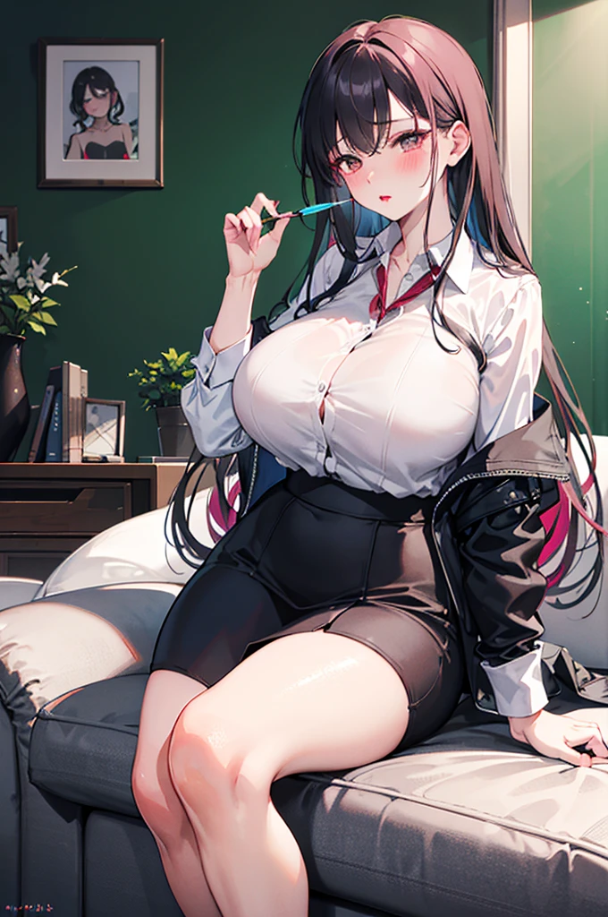 Perfect human body,girl, Mature female, Mature, Beautiful wife,moro liberation front, Female Teacher,Intellectual woman,very long hair, blush, lipsticks,(very highly detailed background,living room), collared shirt,translucent,((woman with fever)),huge titpression of color)), (blush:1.2),exposed,