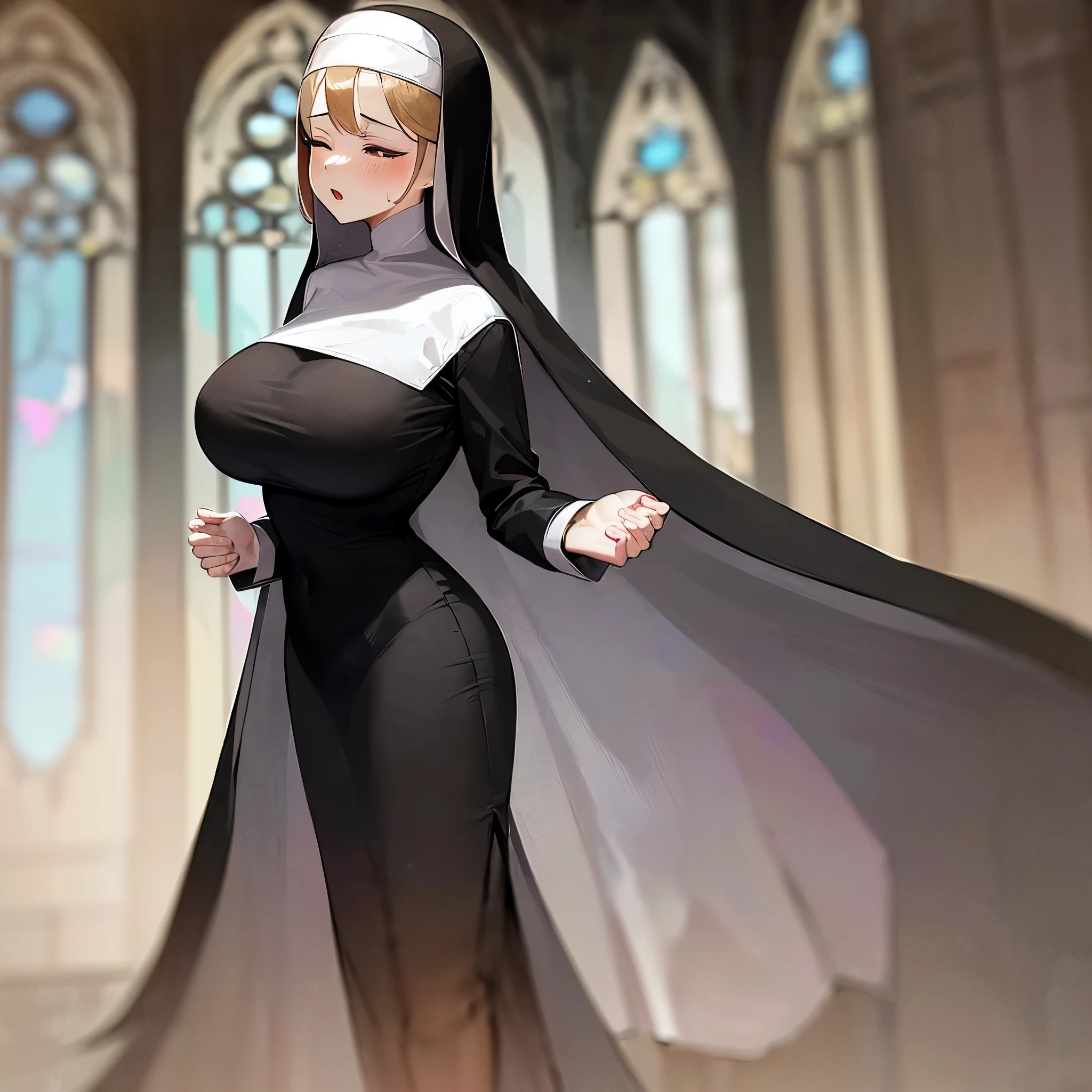 (solo 1 praying cute nun:1.3) standing in church, praying with holding hands together over chest, very thin, (black sheer long dress:1.5), (gigantic breasts:1.3), (bursting perky breasts:1.2), (black sheer long skirt:1.4), inconceivably thin waist, closing eyes, nose blush, open mouth, (heavy breathing:1.2), stained glass, full body, 8k, ultra-detailed, masterpiece, beautiful detailed hair