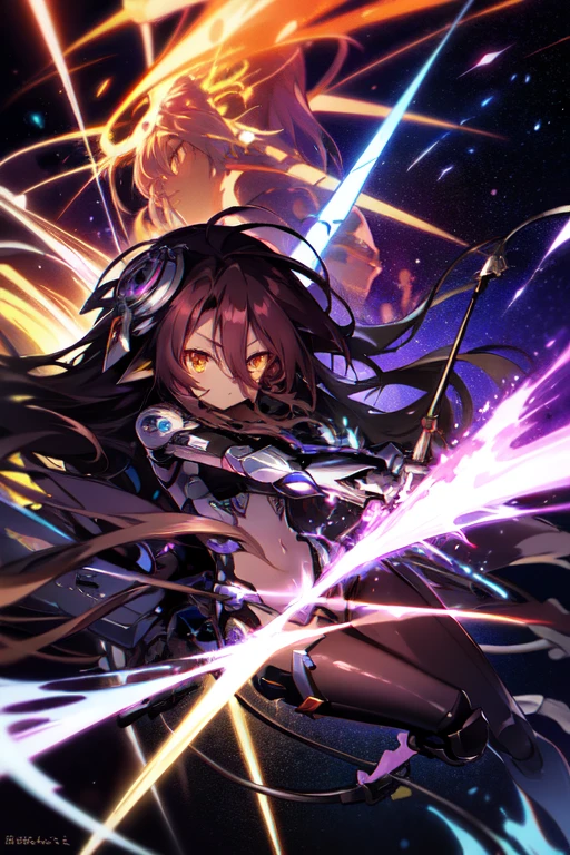 Masterpiece, Top quality, high resolution, highres, 8k, best quality, HD, , 1 male, shota, cute, innocent, ((dark skin)), orange eyes, otokonoko, dark brown hair long hair in a side-swept style smooth, wearing an a black fullbody bodysuit, black exosuit armour parts, black armour waist attachment, cute artstyle, stand still, close up, (Shuvi), (deus ex machina race), (no game no life), arsenal weapons, A starry sky, Weapons,