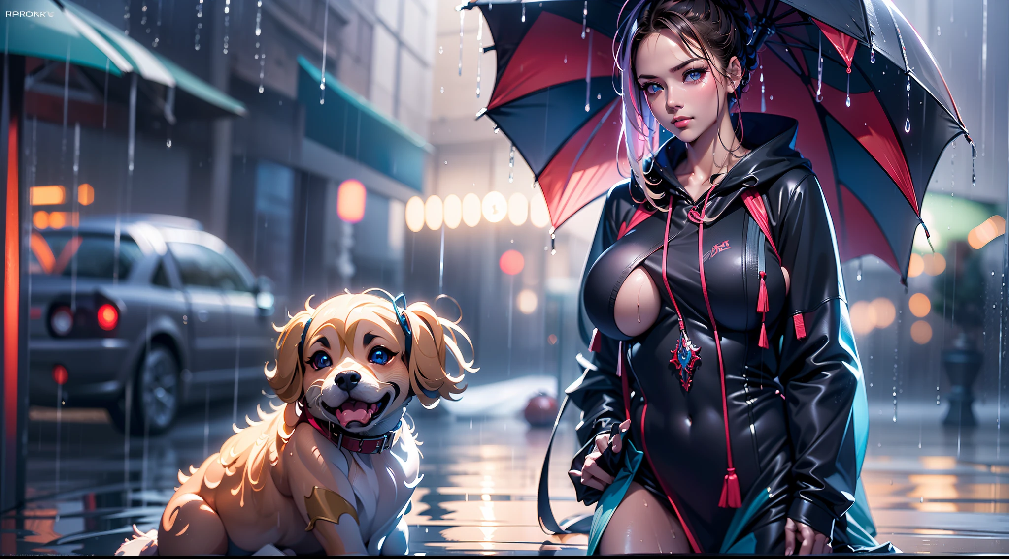 full body portrait of a photo realistic beautiful girl, 1 girl, facing forward, waifu, flowing hair, short modern rain protection clothing with an umbrella, big beautiful flirtateous open eyes, standing straight, cinematic lighting, relaxing raining weather environment setting, highly detailed, digital painting, trending on artstation, pixiv, concept art, sharp focus, illustration, art by ross tran and wlop, Glowing eyes, Best quality, good lighting, large breasts with cleavage, seductive face, Masterpiece, highres,sharp focus,(ultra detailed,extremely detailed),(photorealistic artwork:1.37),(extremely detailed CG unity 8k wallpaper),(((vibrant colors,vibrant theme))),(intricate),(masterpiece),(best quality), girl is playing with a cute small dog under the umbrella