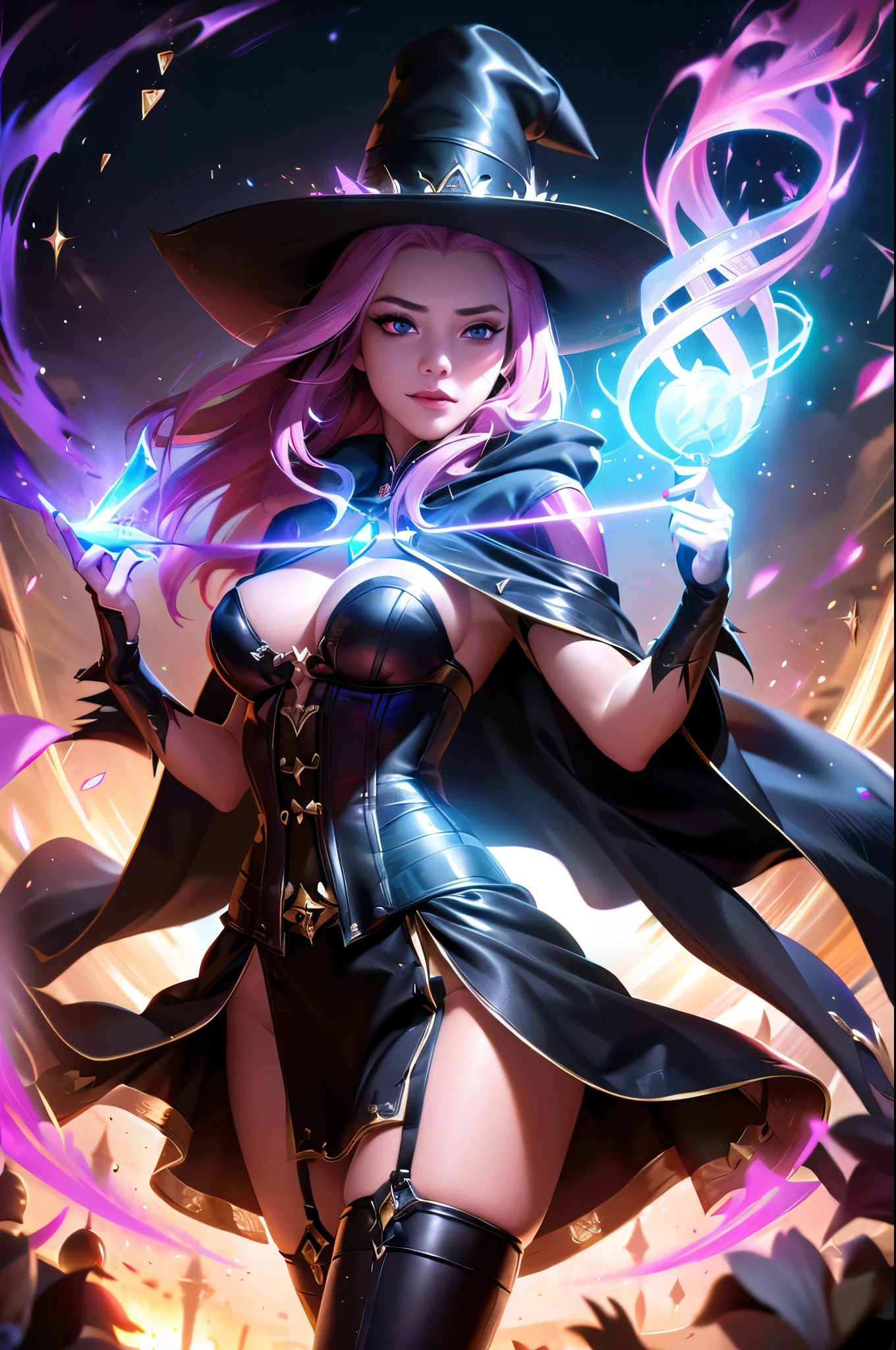 generate a magician wearing corset, cloak, long skirt, boots and magician hat, with neon effect, (show cleaveage), (show thighs), (show belly), she is holding a wand with shiny gem glowing on it, she put her staff up and start chanting a spell, a meteor fall off behind her, destructive effect, fire, burning, ambient effect, digital effect, masterpiece, 8k, detail, masterpiece, best quality:1.2),,(8k,highres,RAW photo,realistic,photo-realistic:1.3),(detailed skin texture,detailed cloth texture,beautiful detailed face:1.25),professional lighting,photon mapping,beautiful soft light,radiosity,physically-based rendering,raytracing, model shoot style, model shoot style, (extremely detailed CG unity 8k wallpaper), full shot body photo of the most beautiful artwork in the world, (((nsfw))), ((expensive camera photoshoot))