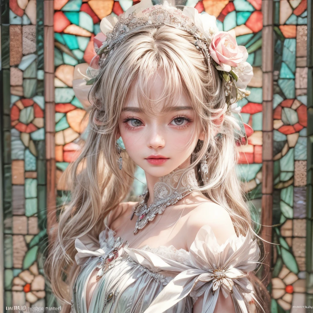 SFW, concept art, Tiny junior idol, Delicate lace knitted white wedding dresses, Glossy Red lips and tongue, (Exposed:0.9), (nipple:-0.9), (dynamic closeup, (Dazzling stained glass Background)), (((Renbutsu Misako), colorful Light shines through stunning elaborate stained glass:1.2, vivid Red colors, lense Particle, lens flare, light Particle, Dazzling Halo, Acutance:0.8)). (masterpiece:1.2),(ultra-detailed:1.37),(realistic,photorealistic,photo-realistic:1.37), (Extremely detailed KAWAII face variations, innocent expression variations), rosy cheeks, detailed eyes with sparkling highlights, long eyelashes, subtle blush on the face. Mystic sight, haze, impeccable skin texture, captivating gaze, ((Dynamic-angle, physically-based rendering)) . (((not Detailed fingers:-0.9, large eyes:-0.8))) .
