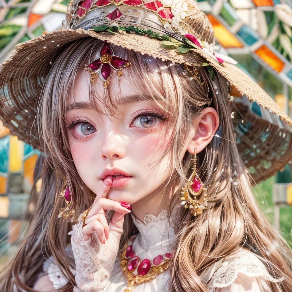 SFW, concept art, Tiny junior idol, Delicate lace knitted white wedding dresses, Glossy Red lips and tongue, (Exposed:0.9), (nipple:-0.9), (dynamic closeup, (Dazzling stained glass Background)), (((Renbutsu Misako), colorful Light shines through stunning elaborate stained glass:1.2, vivid Red colors, lense Particle, lens flare, light Particle, Dazzling Halo, Acutance:0.8)). (masterpiece:1.2),(ultra-detailed:1.37),(realistic,photorealistic,photo-realistic:1.37), (Extremely detailed KAWAII face variations, innocent expression variations), rosy cheeks,  detailed eyes with sparkling highlights, long eyelashes, subtle blush on the face. Mystic sight, haze, impeccable skin texture, captivating gaze, ((Dynamic-angle, physically-based rendering)) . (((not Detailed fingers:-0.9, large eyes:-0.8))) .