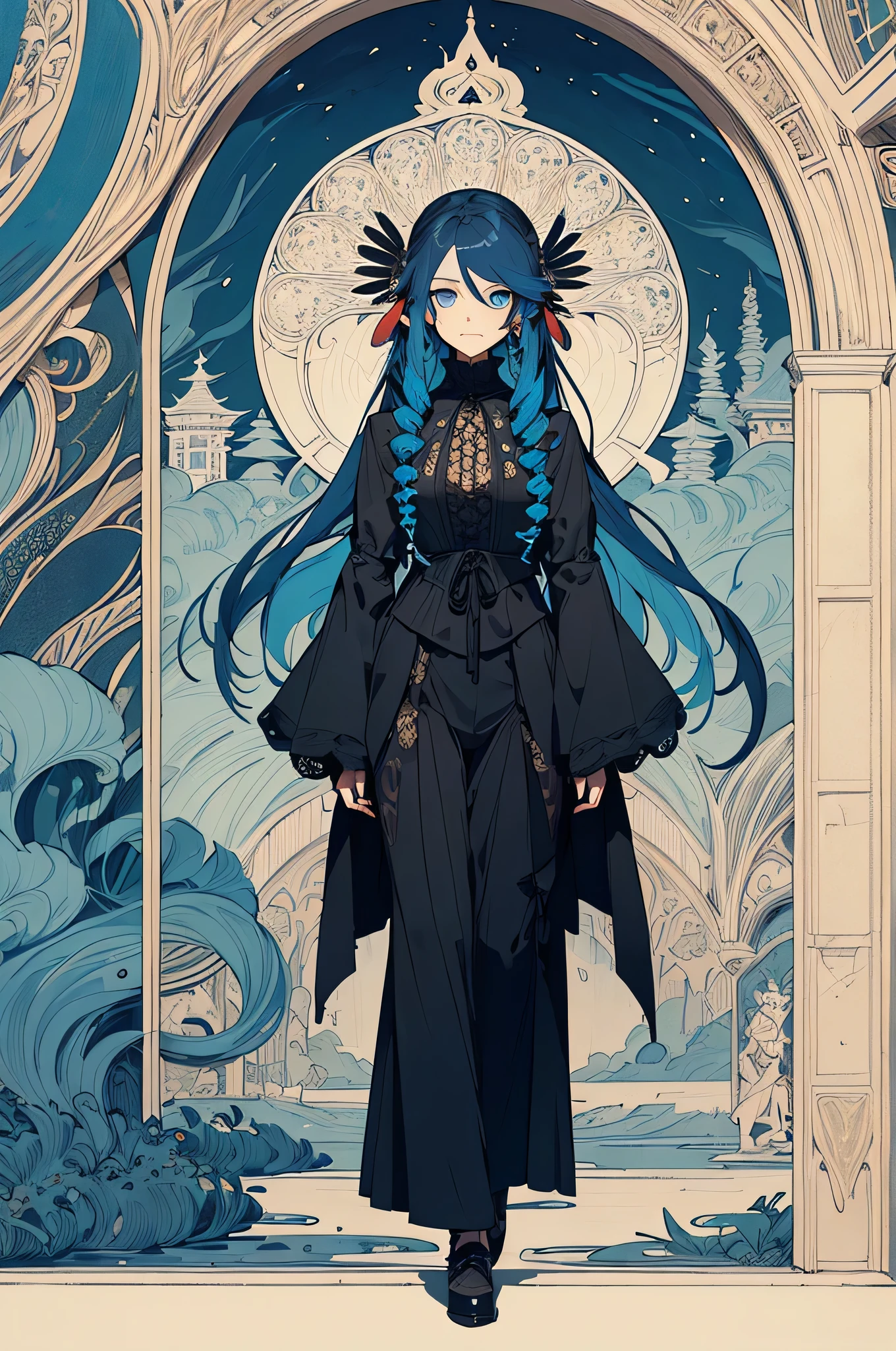 ((Super detailed illustration)), (masterpiece, 8K), (最high quality, high quality), perfect anatomy, Super detailed, Super detailed, perfect design, 20-year-old, (((native american girly))), mature face, head portrait, 短いblack hair, face focus, adult, suit, Jacket, white shirt, tie, is pants, best quality, facial details, ((blue hair)), ((tooth)), (((drill hair))), ((blue eyes:1.2)), Big eyes, ((gothic font)), ((gothic font ta)), hair between eyes, buddhist painting, (beautiful eyes: 1.1), absurd, Super detailed, High resolution, detailed background, (art nouveau: 1.2), flowing line, organic shapes, complex pattern, decorative design, elegant form, natural inspiration, zentangle pattern, structured design, repeating shapes, meditative drawing, creative expression, intricate details,whole body,((black hair)),