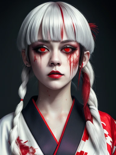 (masterpiece, best quality:1.2), cover image, splashed color background, highly detailed, colorful black, 1 girl, long silver hair, red eyes, short hair, blunt bangs, mannequin, cool face, (((white Kimono))), illustration, horror art, dread, creepy, blood, blood eyes, gore