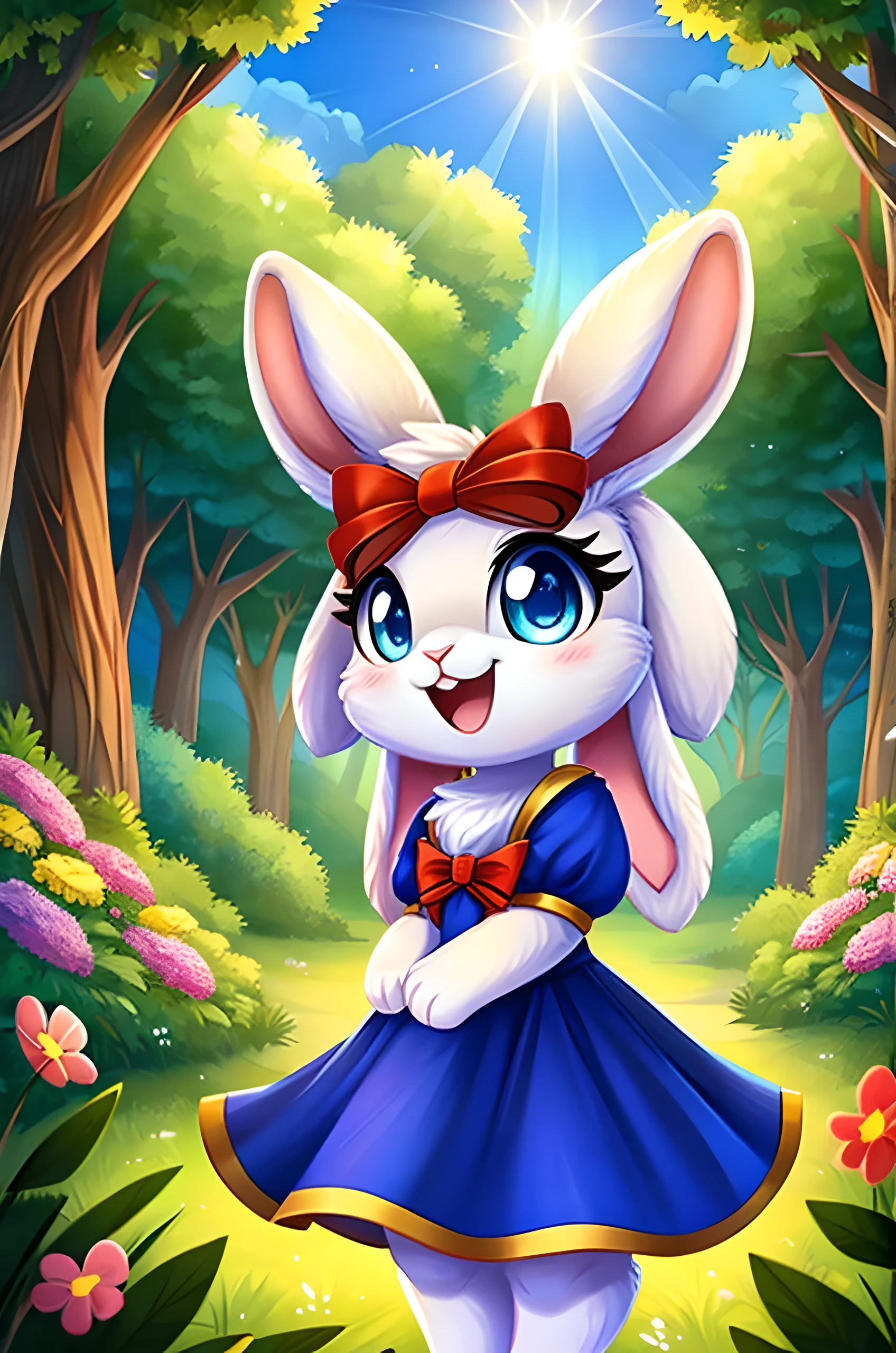 zoomed out image, cute style art, fantasy style art, cute, adorable, short character, small, tiny little fluffy female white bunny with blue eyes, 4 ears, 2 extra ears, big floppy ears, long ears, ears perked up, raised ears, long eyelashes, poofy rabbit tail, wearing a red frilly ribbon dress, smiling, standing in a colorful fantasy forest, soft tones, big expressive smile, open mouth, wide eyes, excited eyes, excited face, stunning visuals, sunlight coming through the trees, flowers scattered in the bushes, butterflies in the air, digital illustration