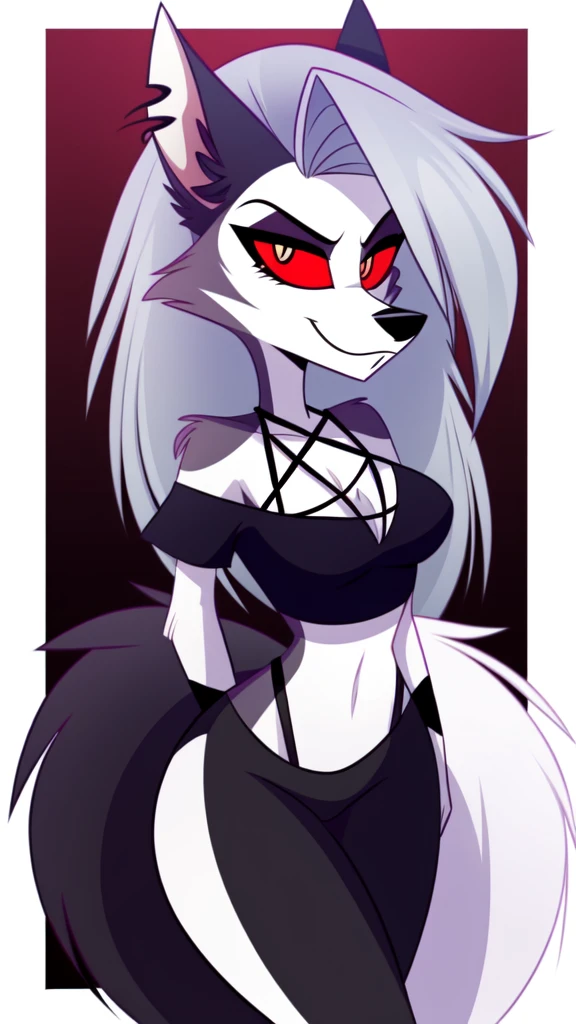 (Vivziepop style), anthro, canid, canid demon, demon, female, hellhound, helluva boss, instagram, (loona), mammal, midriff, official art, red sclera, safe content, shoulderless shirt, solo, long grey hair, (by vivzmind), sexy naked, голая грудь, маленькие сиськи