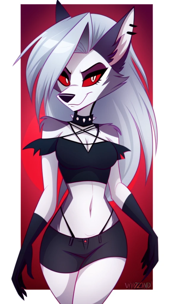(Vivziepop style), anthro, canid, canid demon, demon, female, hellhound, helluva boss, instagram, (loona), mammal, midriff, official art, red sclera, safe content, shoulderless shirt, solo, long grey hair, (by vivzmind), sexy naked, голая грудь, маленькие сиськи