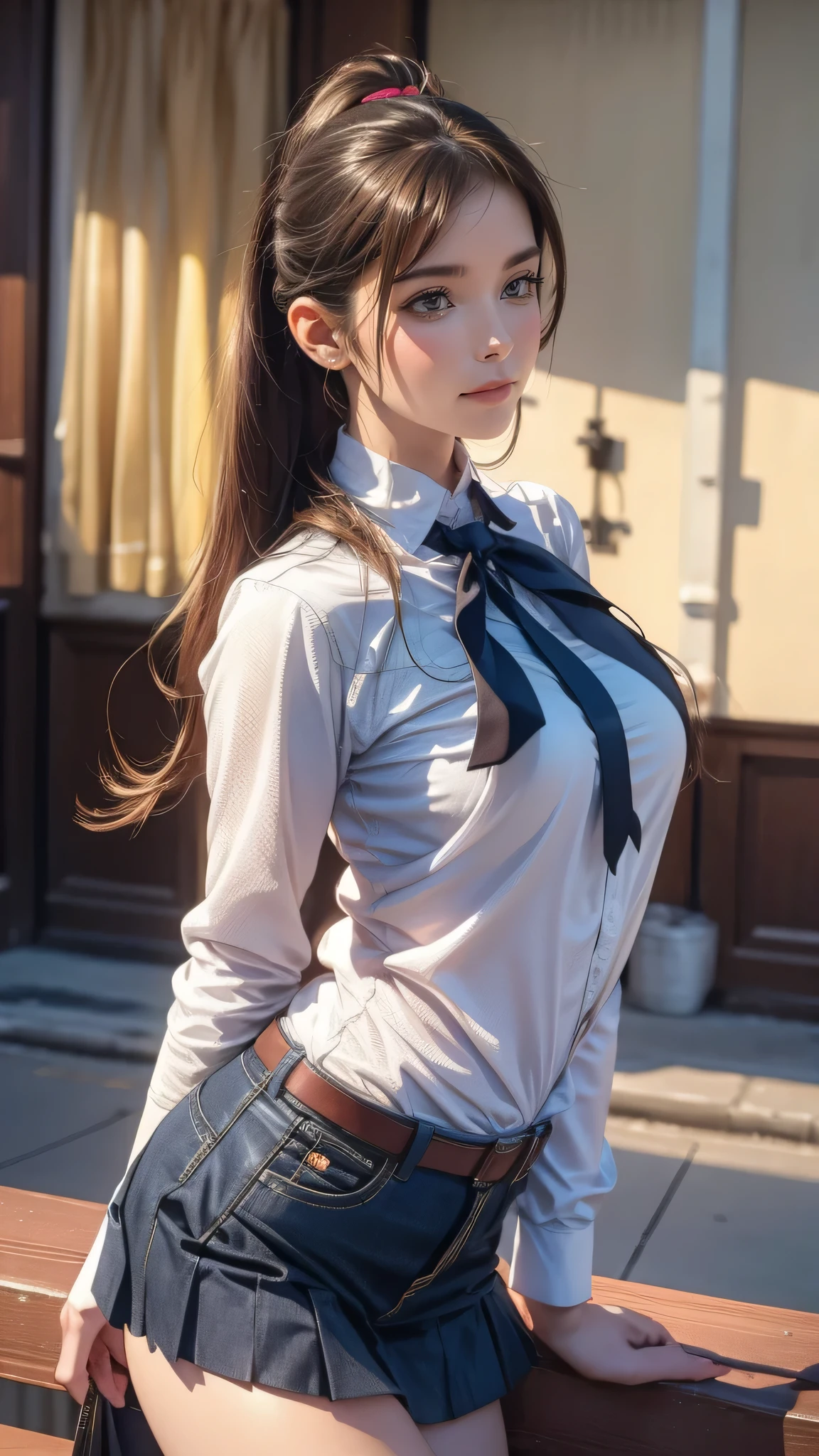((top-quality、​masterpiece:1.3))、((Russian beauties))、1 female、14years、large full breasts:1.3、Slender body type:1.5、Toned abs、Blonde semi-long hair、((Japan schoolgirl uniform:1.5))、Super Detailed Face、Detailed lips、detailedeyes、二重まぶた、Plump smile、blue-sky、​​clouds、Looking to the right、blue eyess、wide Shots、full body wide shot、Model pose posing with hands on buttocks、sailormoon、