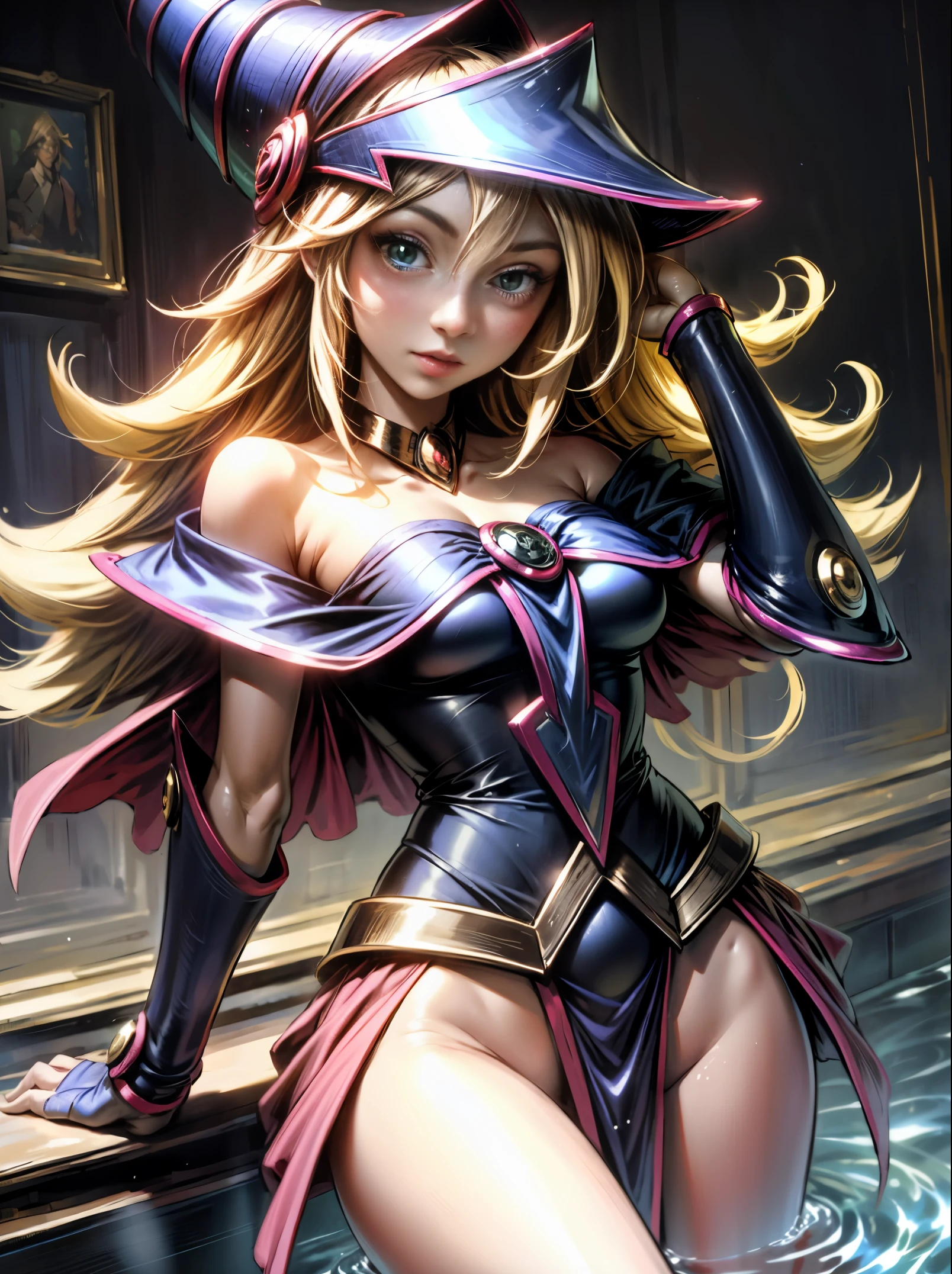1girl, solamente,Lindo, , sentado sobre el agua, HMDMG1, Sombrero de mago, escote, hombros desnudos, vestido, fuera del hombro, magica, Mistro, particuls, corazones, amar,Molienda, Detalles altos, Arte digital, Obra maestra,,Lindo,hermosos ojos, Magia