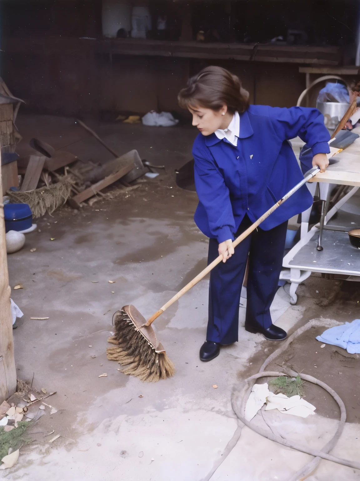 there is a woman that is holding a broom in her hand, sweeping, 1 9 7 5 photo, 1 9 8 0 s photo, 1980s photo, 1 9 7 0 s photo, 1970s photo, 1 9 8 5 photograph, 1980 photo, using a spade, cleaning future, denis velleneuve