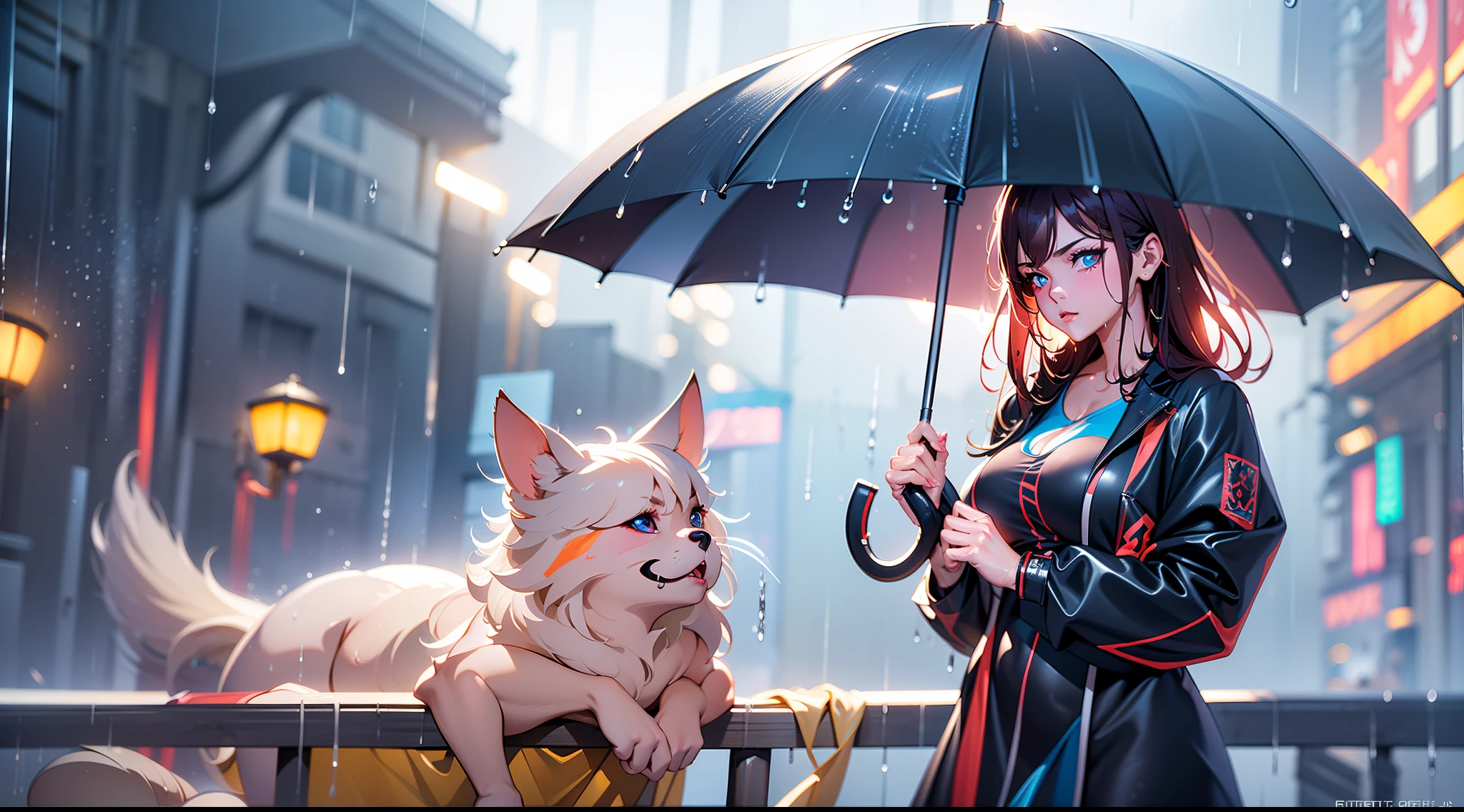full body portrait of a photo realistic beautiful girl, 1 girl, facing forward, waifu, flowing hair, short modern rain protection clothing with an umbrella, big beautiful flirtateous open eyes, standing straight, cinematic lighting, relaxing raining weather environment setting, highly detailed, digital painting, trending on artstation, pixiv, concept art, sharp focus, illustration, art by ross tran and wlop, Glowing eyes, Best quality, good lighting, large breasts with cleavage, seductive face, Masterpiece, highres,sharp focus,(ultra detailed,extremely detailed),(photorealistic artwork:1.37),(extremely detailed CG unity 8k wallpaper),(((vibrant colors,vibrant theme))),(intricate),(masterpiece),(best quality), girl is playing with a cute small dog under the umbrella
