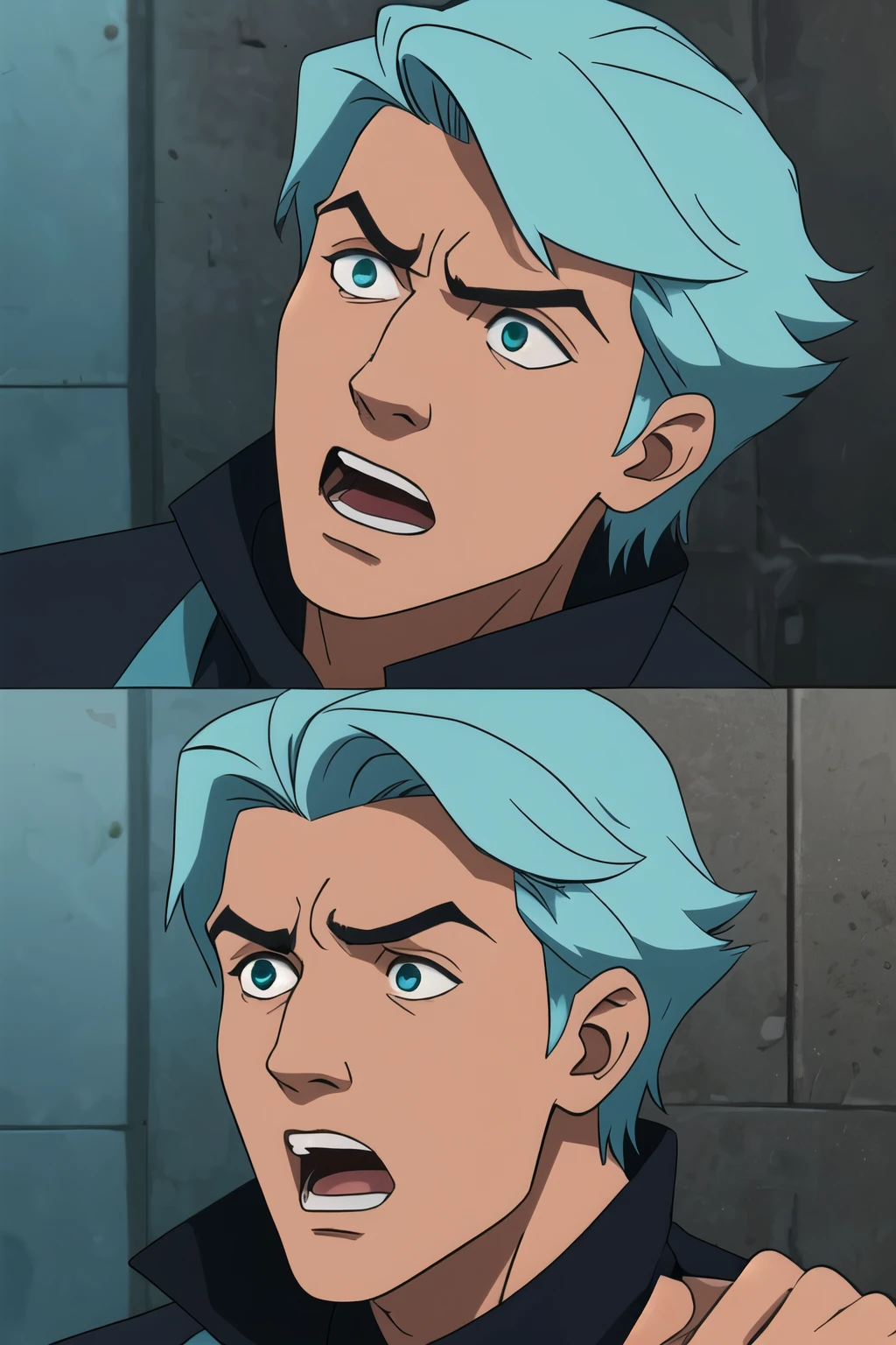 Parzival male, aqua color hair, exaggerated scared expression, one male person only, headshot