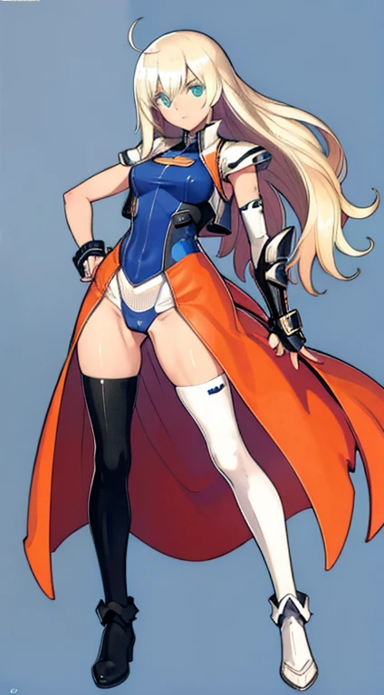 (((Best Quality))) , ((full body)), female, character design, solo, (white background), holding sword, gauntlets, waist armor, thigh high, side slit trench skirt, blue, leotard, green, violet, brown, orange, white, colorful outfit, vest, bare arms, bareback, tactical vest, Bust Bodice,