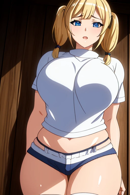 (Obra maestra), la mejor calidad, bien detallada, 4k,realistic Hentai girl with blonde hair with pigtails wears a white shirt and very short shorts has big thighs blue eyes and detailed realistic and detailed hands