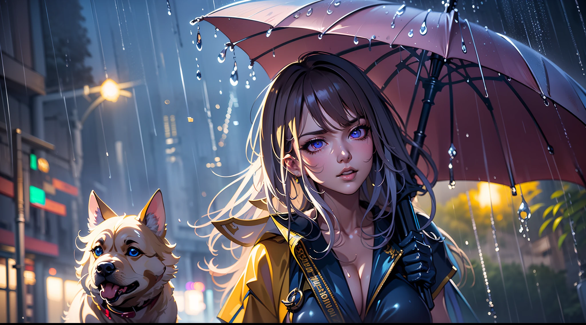 full body portrait of a photo realistic beautiful girl, 1 girl, facing forward, waifu, flowing hair, short modern rain protection clothing with an umbrella, big beautiful flirtateous open eyes, standing straight, cinematic lighting, relaxing raining weather environment setting, highly detailed, digital painting, trending on artstation, pixiv, concept art, sharp focus, illustration, art by ross tran and wlop, Glowing eyes, Best quality, good lighting, large breasts with cleavage, seductive face, Masterpiece, highres,sharp focus,(ultra detailed,extremely detailed),(photorealistic artwork:1.37),(extremely detailed CG unity 8k wallpaper),(((vibrant colors,vibrant theme))),(intricate),(masterpiece),(best quality), girl is playing with a cute small dog under the umbrella