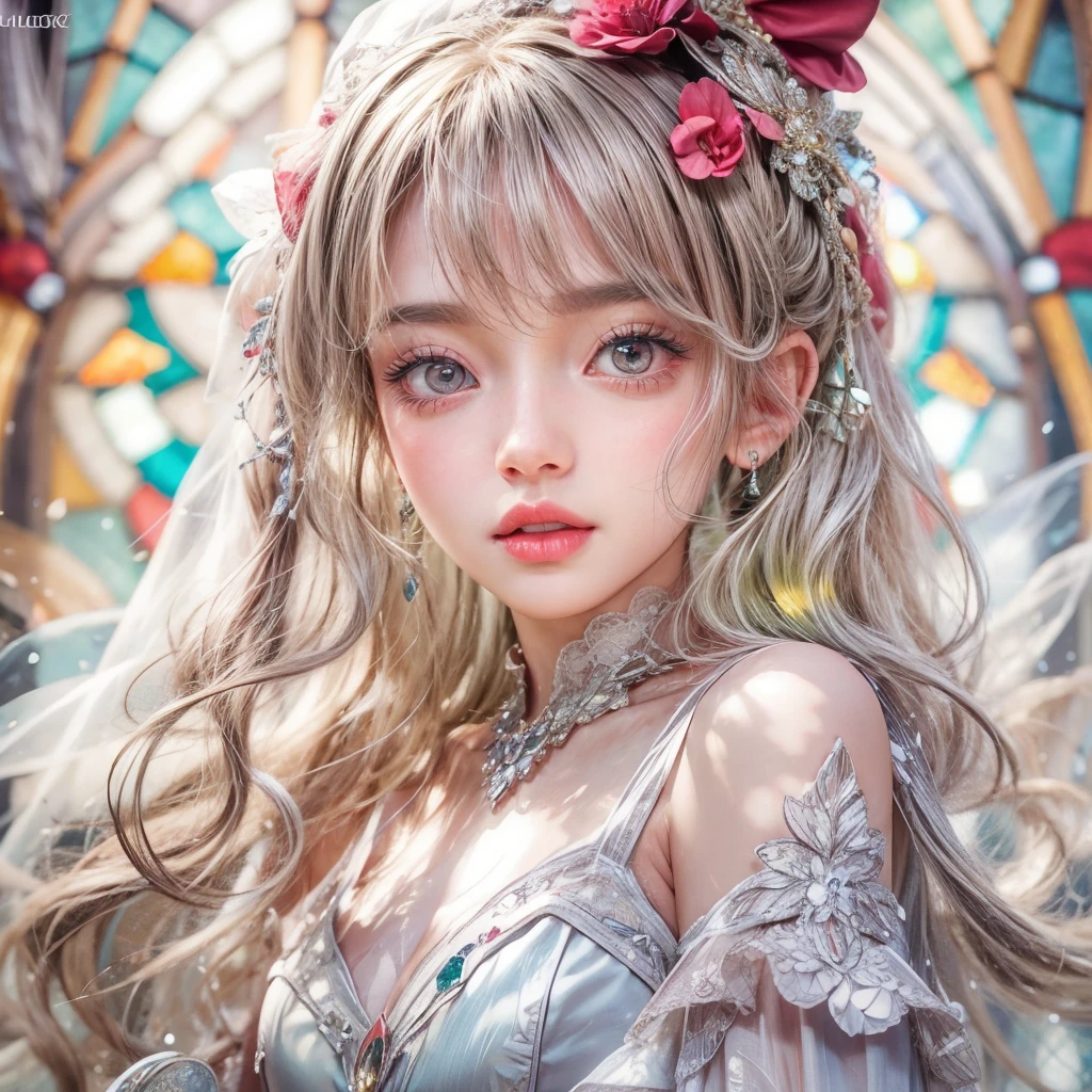 SFW, concept art, Tiny junior idol, Delicate lace knitted white wedding dresses, Glossy Red lips and tongue, (Exposed:0.9), (nipple:-0.9), (dynamic closeup, (Dazzling stained glass Background)), (((Renbutsu Misako), colorful Light shines through stunning elaborate stained glass:1.2, vivid Red colors, lense Particle, lens flare, light Particle, Dazzling Halo, Acutance:0.8)). (masterpiece:1.2),(ultra-detailed:1.37),(realistic,photorealistic,photo-realistic:1.37), (Extremely detailed KAWAII face variations, innocent expression variations), rosy cheeks,  detailed eyes with sparkling highlights, long eyelashes, subtle blush on the face. Mystic sight, haze, impeccable skin texture, captivating gaze, ((Dynamic-angle, physically-based rendering)) . (((not Detailed fingers:-0.9, large eyes:-0.8))) .