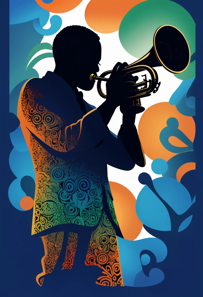 (best quality,highres:1.2),silhouette of a jazz trumpeter,colorful background,blue,orange,green,blurred,zentangle style,black,brown, crunch it, make it outstanding, the best emotive silhouette ever, thanks. By Tupu...lol...