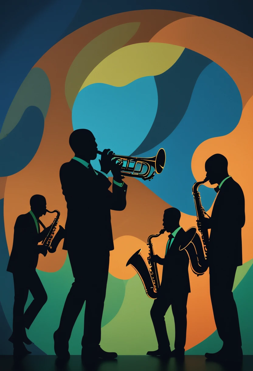 (best quality,highres:1.2),silhouette of a jazz band on a stage,colorful background,blue,orange,green,blurred,zentangle style,black,brown, crunch it, make it outstanding, the best emotive silhouette ever, thanks. By Tupu...lol...