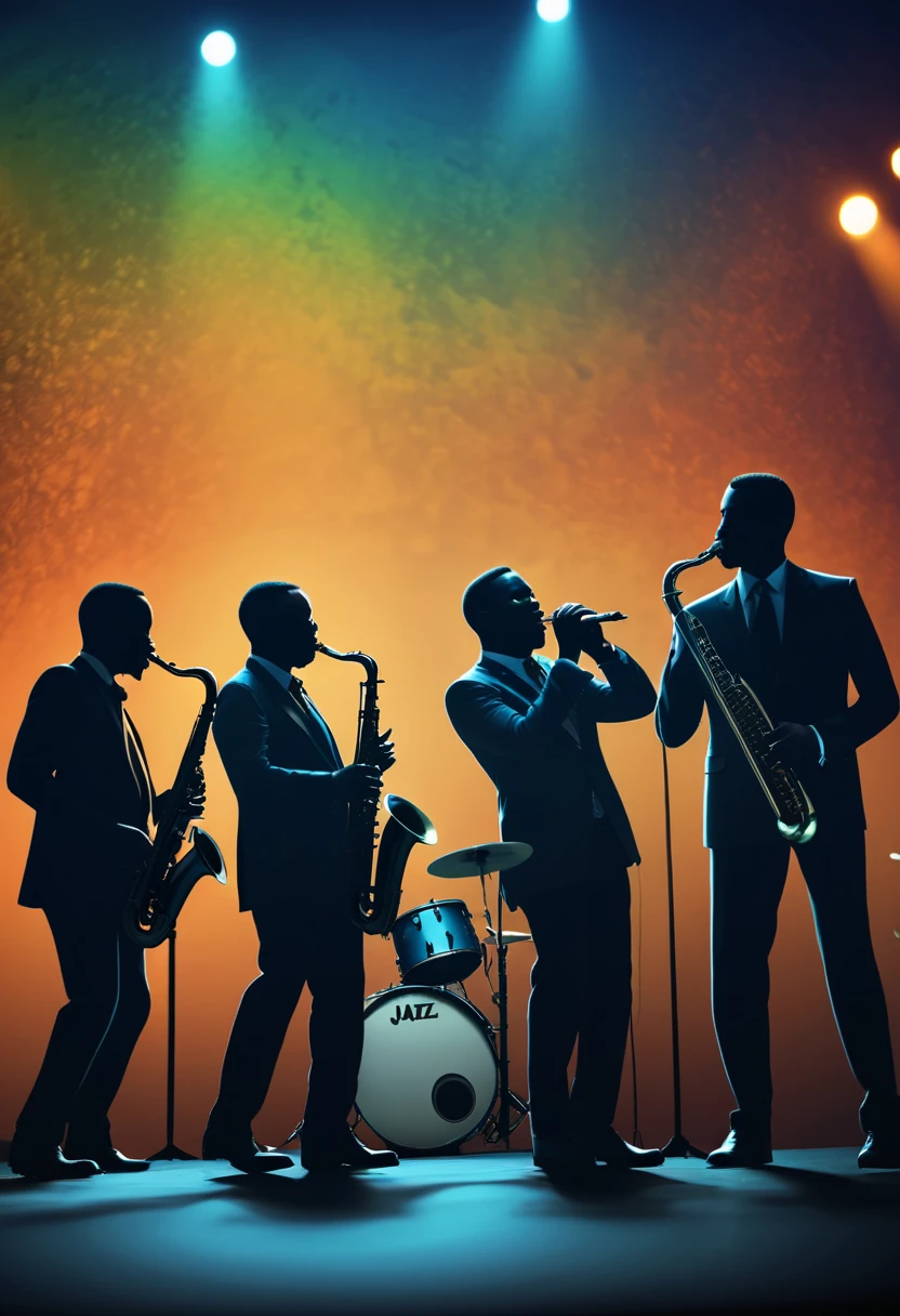 (best quality,highres:1.2),silhouette of a jazz band on a stage,colorful background,blue,orange,green,blurred,zentangle style,black,brown, crunch it, make it outstanding, the best emotive silhouette ever, thanks. By Tupu...lol...