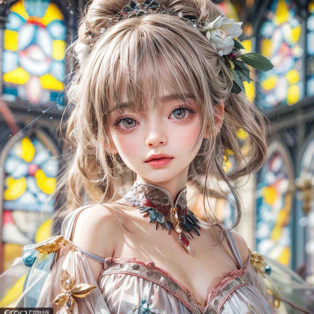 SFW, concept art, Tiny junior idol, Delicate lace knitted white bodysuit, Glossy Red lips and tongue, (Exposed:0.9), (nipple:-0.9), (dynamic closeup, (Dazzling stained glass Background)), (((Renbutsu Misako), colorful Light shines through stunning elaborate stained glass:1.2, vivid Red colors, lense Particle, lens flare, light Particle, Dazzling Halo, Acutance:0.8)). (masterpiece:1.2),(ultra-detailed:1.37),(realistic,photorealistic,photo-realistic:1.37), (Extremely detailed KAWAII face variations, innocent expression variations), rosy cheeks,  detailed eyes with sparkling highlights, long eyelashes, subtle blush on the face. Mystic sight, haze, impeccable skin texture, captivating gaze, ((Dynamic-angle, physically-based rendering)) . (((not Detailed fingers:-0.9, large eyes:-0.8))) .