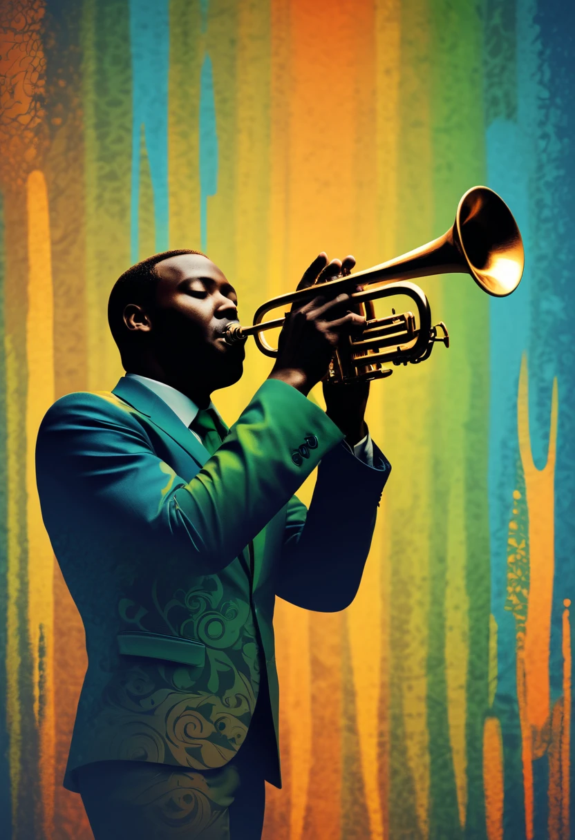 (best quality,highres:1.2),silhouette of a jazz trumpeter,colorful background,blue,orange,green,blurred,zentangle style,black,brown, crunch it, make it outstanding, the best emotive silhouette ever, thanks. By Tupu...lol...