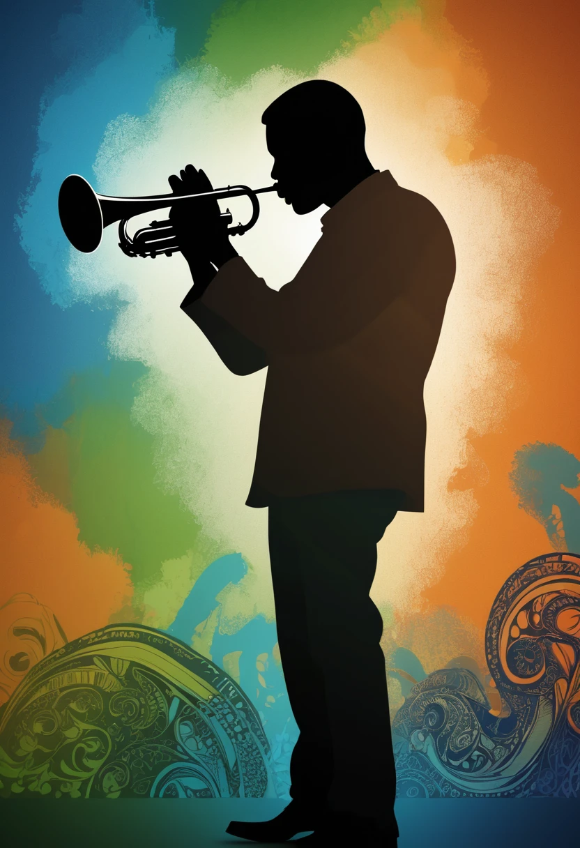 (best quality,highres:1.2),silhouette of a jazz trumpeter,colorful background,blue,orange,green,blurred,zentangle style,black,brown, crunch it, make it outstanding, the best emotive silhouette ever, thanks. By Tupu...lol...