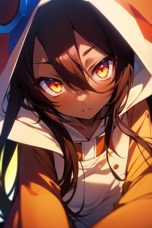 Masterpiece, Top quality, high resolution, highres, 8k, best quality, HD, , 1 male, shotate, innocent, ((dark skin)), orange eyes, otokonoko, dark brown hair long hair in a side-swept style smooth, wearing an a white Giant Hoodie onesie, close up, (no game no life Shuvi), 