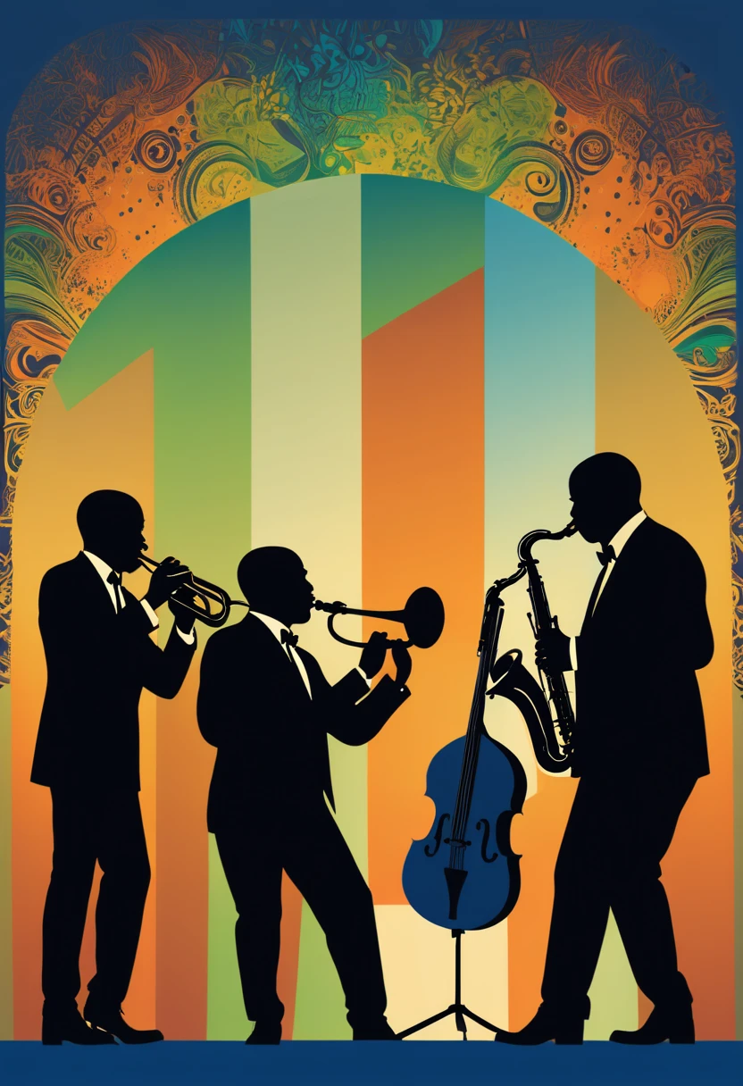 (best quality,highres:1.2),silhouette of a jazz band on a stage,colorful background,blue,orange,green,blurred,zentangle style,black,brown, crunch it, make it outstanding, the best emotive silhouette ever, thanks. By Tupu...lol...