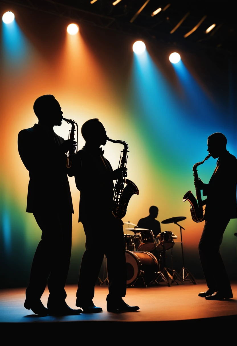 (best quality,highres:1.2),silhouette of a jazz band on a stage,colorful background,blue,orange,green,blurred,zentangle style,black,brown, crunch it, make it outstanding, the best emotive silhouette ever, thanks. By Tupu...lol...