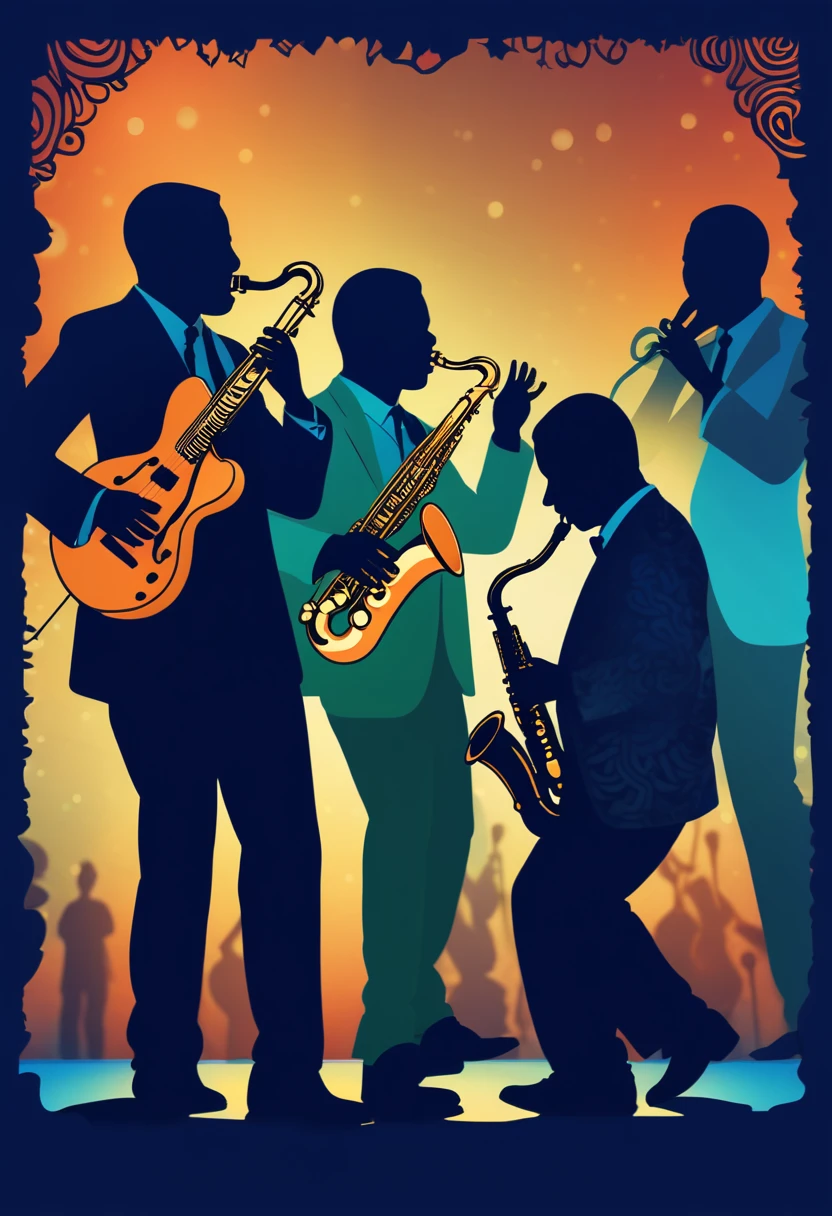 (best quality,highres:1.2),silhouette of a jazz band on a stage,colorful background,blue,orange,green,blurred,zentangle style,black,brown, crunch it, make it outstanding, the best emotive silhouette ever, thanks. By Tupu...lol...