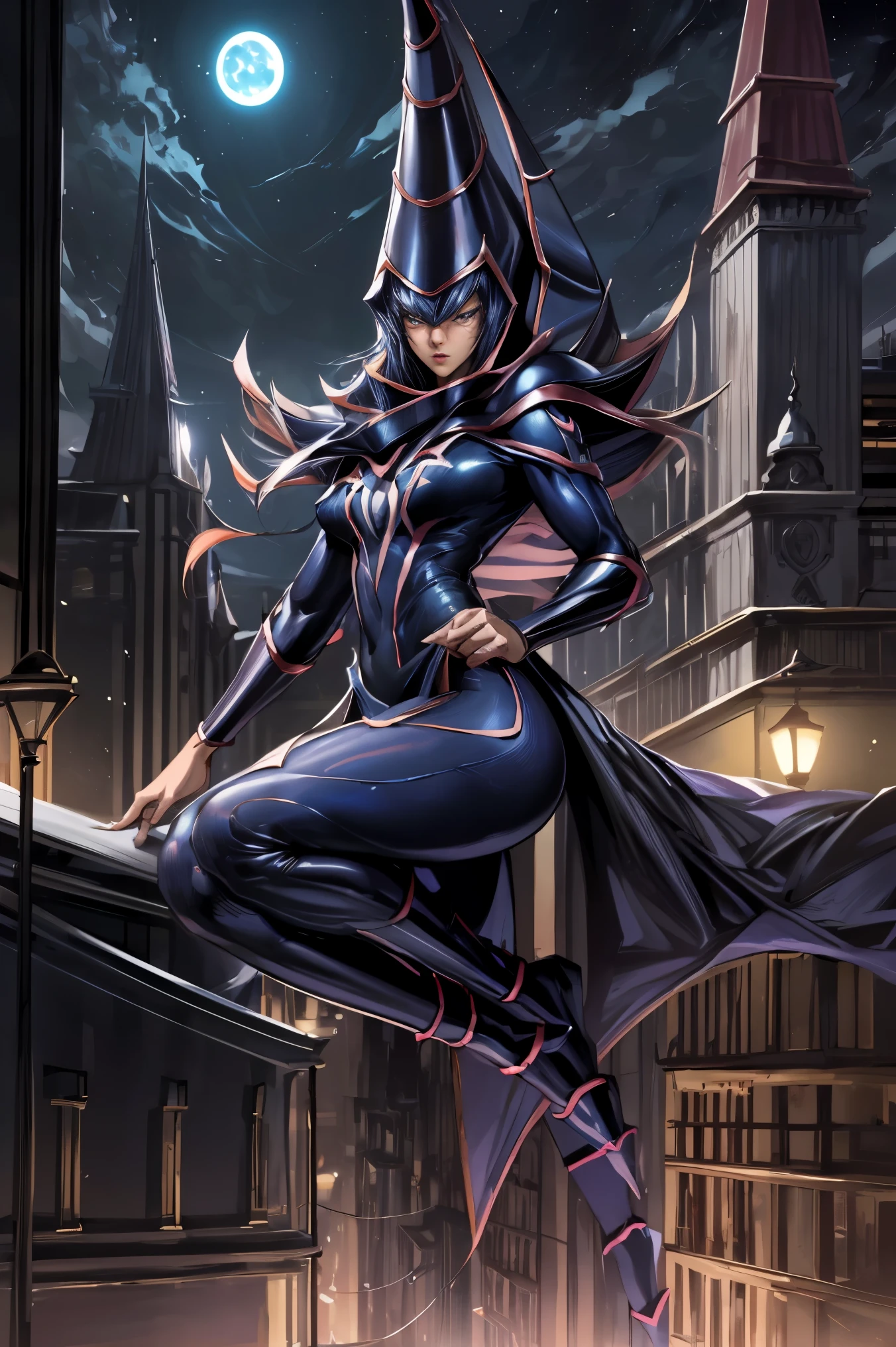 O(bra maestra, 4k-resolution, ultra realista, muy detallada), (White superhero theme, carismatic, hay una chica en la parte superior de la ciudad, vestida con el disfraz de dark magician girl, is a superhero), [ ((20 year), (cabello largo y Rubio: 1.2), cuerpo completo, (ojos azules: 1.2), ((pose de Spider-Man), show of force, saltar de un edificio a otro), ((entorno urbano arenoso): 0.8)| (paisaje urbano, por la noche, dinamic lights), (luna llena))] # Explanation: The Prompt primarily describes an ultra-high-definition 4K painting, muy realista, muy detallada. It shows a superheroine at the top of the city, vestida con un disfraz de dark magician girl. The theme in the painting is a white superhero theme, la protagonista femenina tiene el pelo largo y Rubio, He is 20 years old and his whole body is shown in the painting. In terms of portraying the actions of female superheroes, se emplean magias. Dark magician girl sexy super hero,