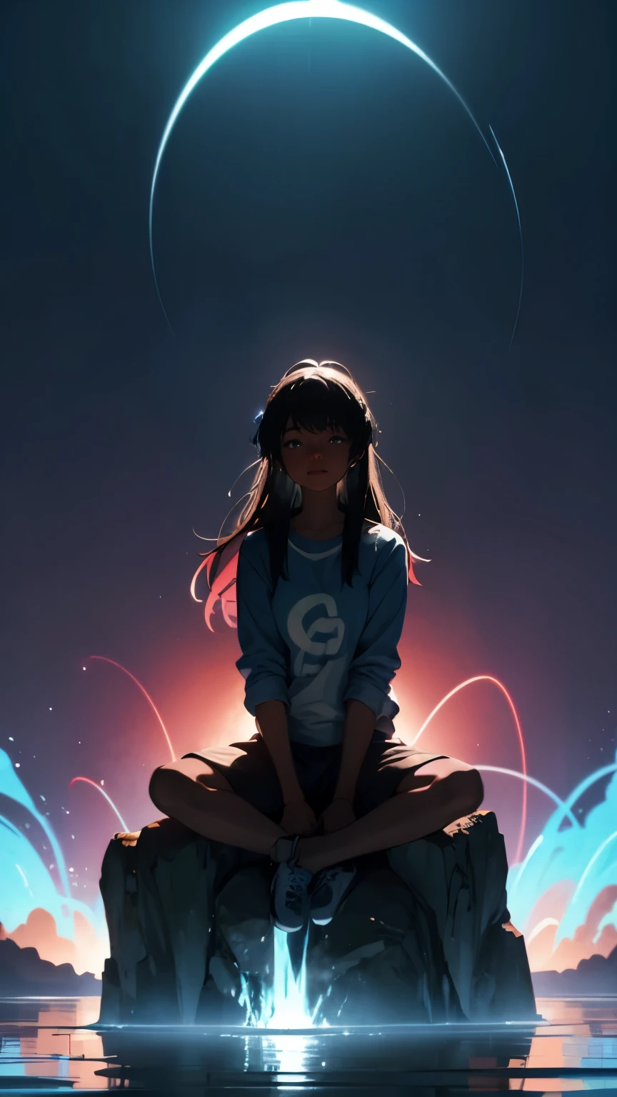 Pretty black woman sitting on a hillside, soft hair, dark skin, funkypop, cyberdelic, grunge, hyperrealistic anime, lofi art, luminism, manga, medium shot, chemiluminescence, flare, flourescent lightin, character design, atey ghailan, basquiat, colorful_frequencies, electric colors, iridescent, dynamic pose, nouveau realisme, city background, african american, casual clothing, sunlight 