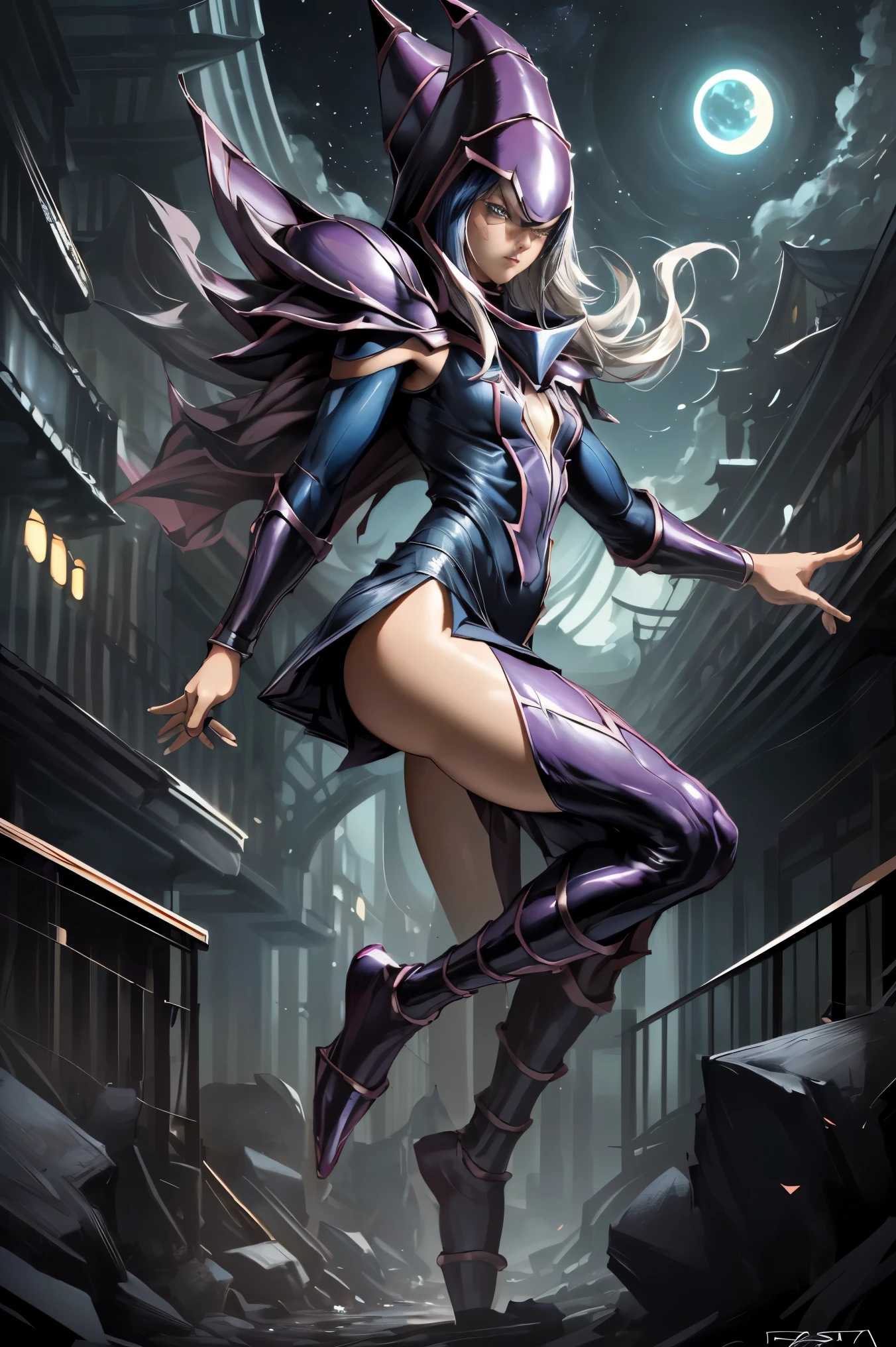 O(bra maestra, 4k-resolution, ultra realista, muy detallada), (White superhero theme, carismatic, hay una chica en la parte superior de la ciudad, vestida con el disfraz de dark magician girl, is a superhero), [ ((20 year), (cabello largo y Rubio: 1.2), cuerpo completo, (ojos azules: 1.2), ((pose de Spider-Man), show of force, saltar de un edificio a otro), ((entorno urbano arenoso): 0.8)| (paisaje urbano, por la noche, dinamic lights), (luna llena))] # Explanation: The Prompt primarily describes an ultra-high-definition 4K painting, muy realista, muy detallada. It shows a superheroine at the top of the city, vestida con un disfraz de dark magician girl. The theme in the painting is a white superhero theme, la protagonista femenina tiene el pelo largo y Rubio, He is 20 years old and his whole body is shown in the painting. In terms of portraying the actions of female superheroes, se emplean magias. Dark magician girl sexy super hero,