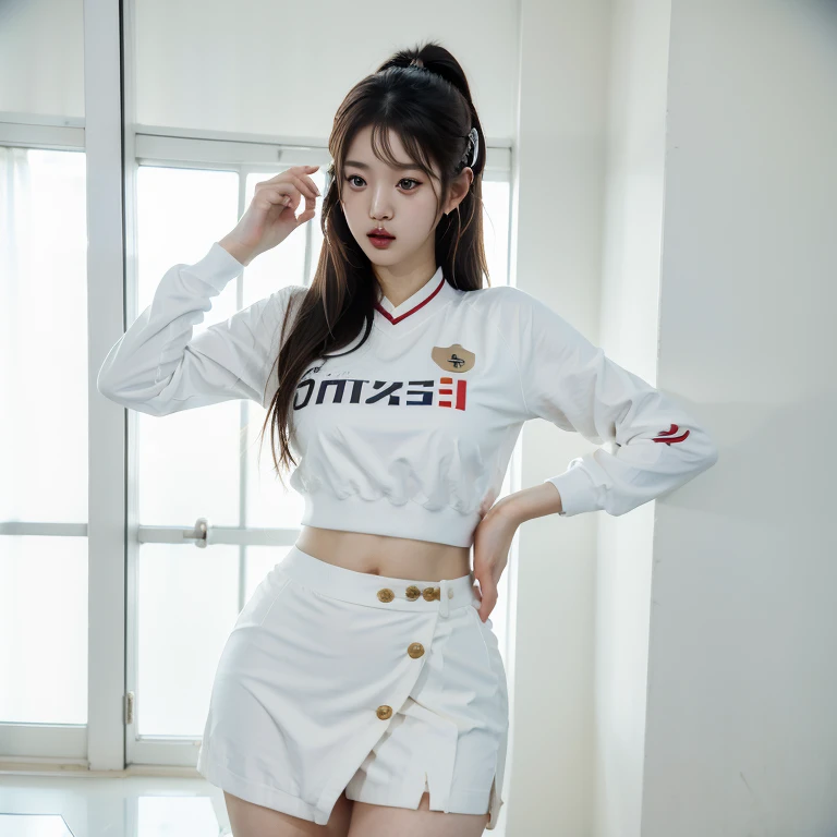 A beautiful girl wearing a taekwondo uniform , she has a very curvaceous figure that her clothes barely hides full body view ((ultra high quality))