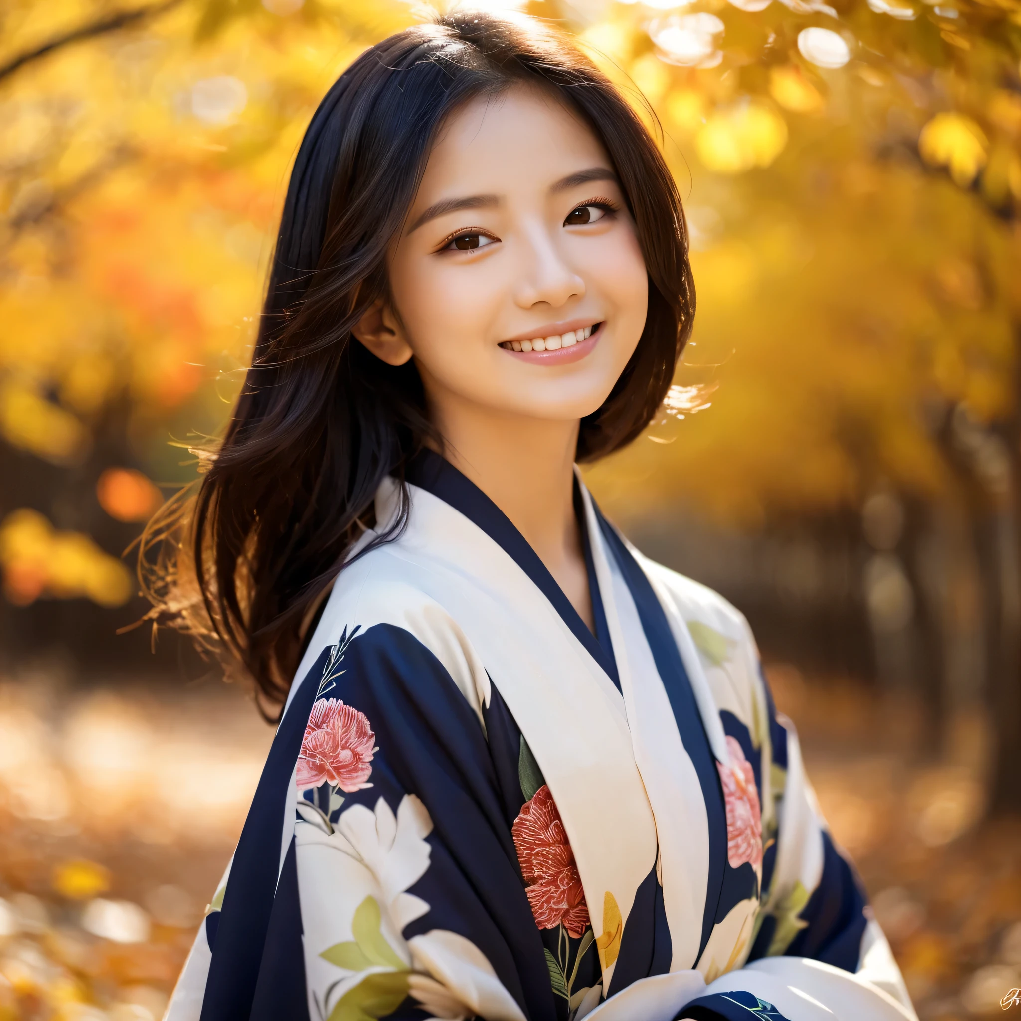 (Super beautiful woman in kimono)、((best quality、8k masterpieces:1.3))、sharp focus:1.2、(super beautiful face:1.0)、(shiny skin:1.0)、realistic pictures、black haired、Video Lighting、High-definition eyes and face、Video Lighting、Japanese actressl、from the front、medium chest、With a happy smile、wearing a kimono、Under the autumn leaves、highest grade obi