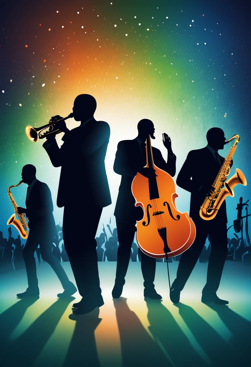 (best quality,highres:1.2),silhouette of a jazz band on a stage,colorful background,blue,orange,green,blurred,zentangle style,black,brown, crunch it, make it outstanding, the best emotive silhouette ever, sparkles, musical explosions, flying musical notes, magical, thanks. By Tupu...lol...