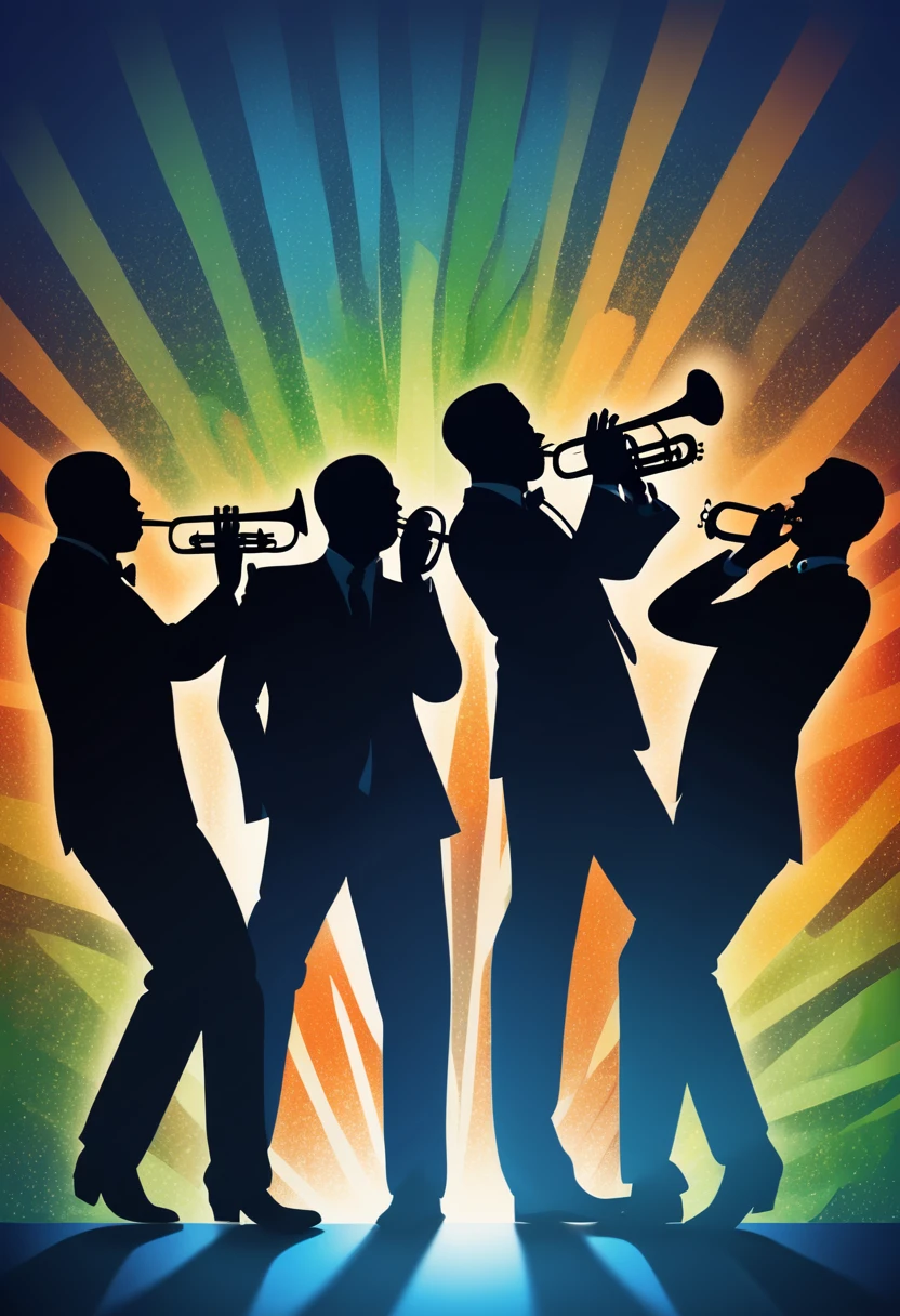 (best quality,highres:1.2),silhouette of a jazz band on a stage,colorful background,blue,orange,green,blurred,zentangle style,black,brown, crunch it, make it outstanding, the best emotive silhouette ever, sparkles, musical explosions, flying musical notes, magical, thanks. By Tupu...lol...