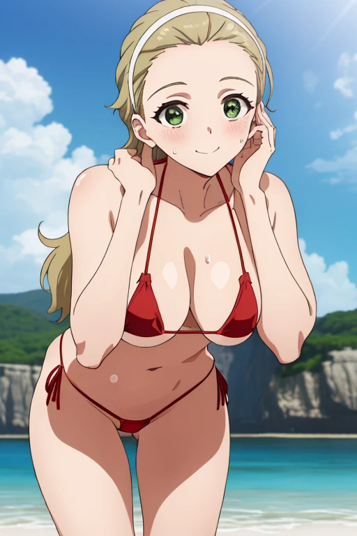 (​masterpiece, top-quality, detaile, hight resolution, extremely delicate and beautiful, anime screen cap, anime colours, 8k, photorealistic), akebi sasaki, hairband, long hair, 1girl, dark green eyes, smile, blush, (red Micro Bikini:1.5), (huge drooping breasts:1.8, cleavage:1.2), (Leaning forward:1.8, hands on thigh:1.5), (Upper body), (perfect detailed anatomy, Beauty details of breasts and eyes, Shiny skin), thick outline, beach, Sweat