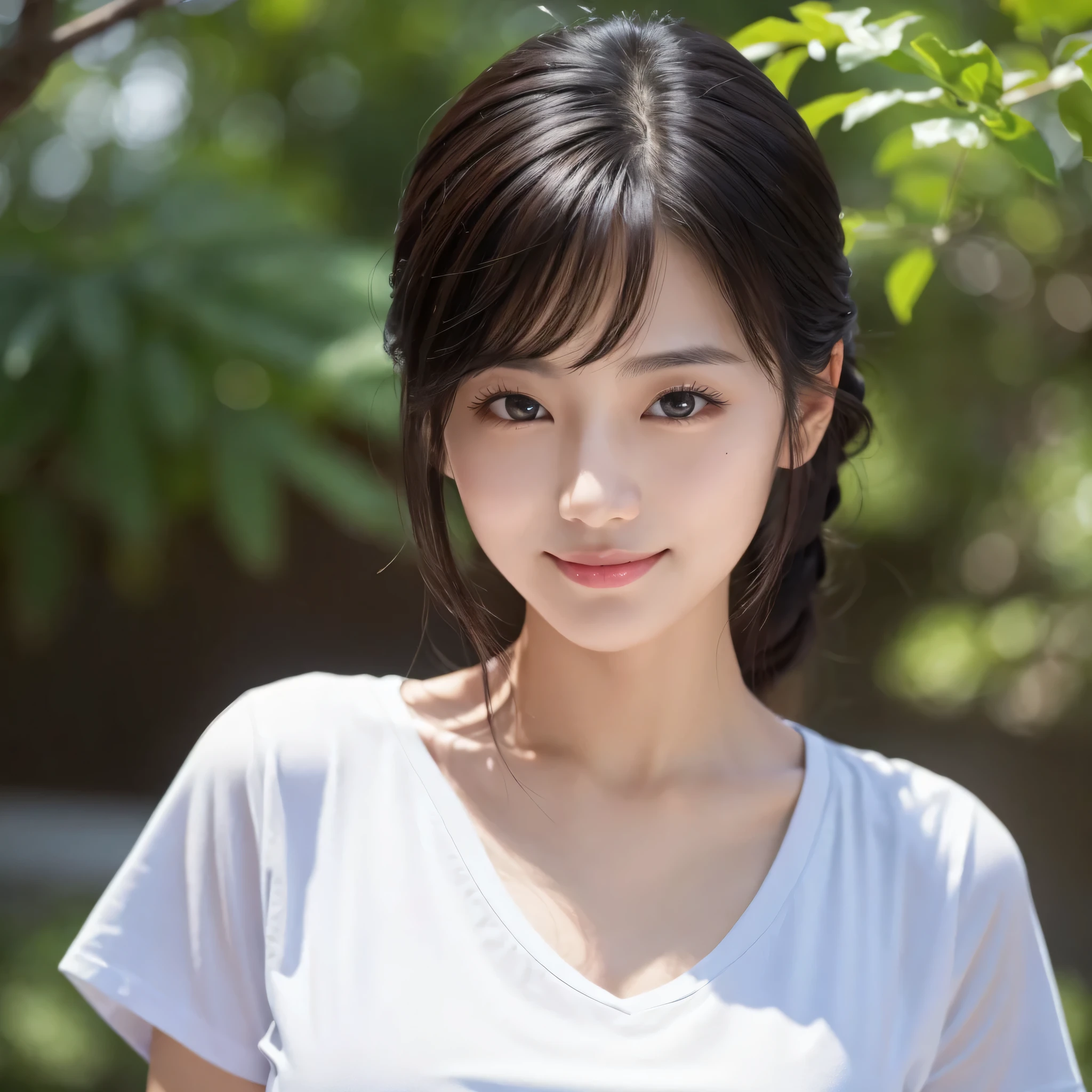 One beauty、((highest quality、8k masterpieces:1.3))、sharp focus:1.2、(super beautiful face:1.0)、(shiny skin:1.0)、realistic pictures、black hair、Video Lighting、High-definition eyes and face、Video Lighting、Japanese actressl、from the front、Medium chest、shy smile、Slender abs beauty、whole body、Kanji for Japan「kindness」Wearing a T-shirt、At the shrine