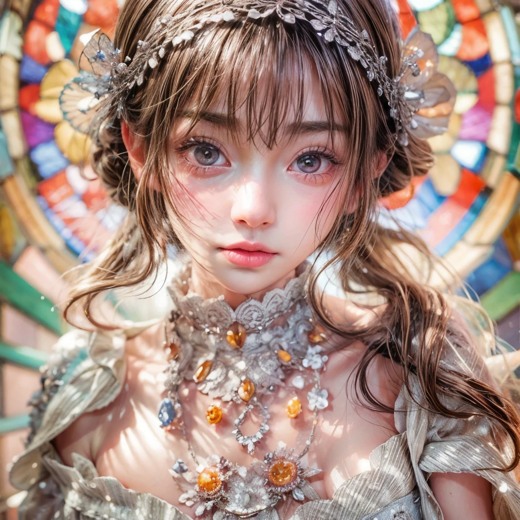 SFW, concept art, Tiny junior idol, Delicate lace knitted white clothes, Glossy Red lips and tongue, (Exposed:0.9), (nipple:-0.9), (dynamic closeup, (Dazzling stained glass Background)), (((Renbutsu Misako), colorful Light shines through stunning elaborate stained glass:1.2, vivid Red colors, lense Particle, lens flare, light Particle, Dazzling Halo, Acutance:0.8)). (masterpiece:1.2),(ultra-detailed:1.37),(realistic,photorealistic,photo-realistic:1.37), (Extremely detailed KAWAII face variations, innocent expression variations), rosy cheeks,  detailed eyes with sparkling highlights, long eyelashes, subtle blush on the face. Mystic sight, haze, impeccable skin texture, captivating gaze, ((Dynamic-angle, physically-based rendering)) . (((not Detailed fingers:-0.9, large eyes:-0.8))) .