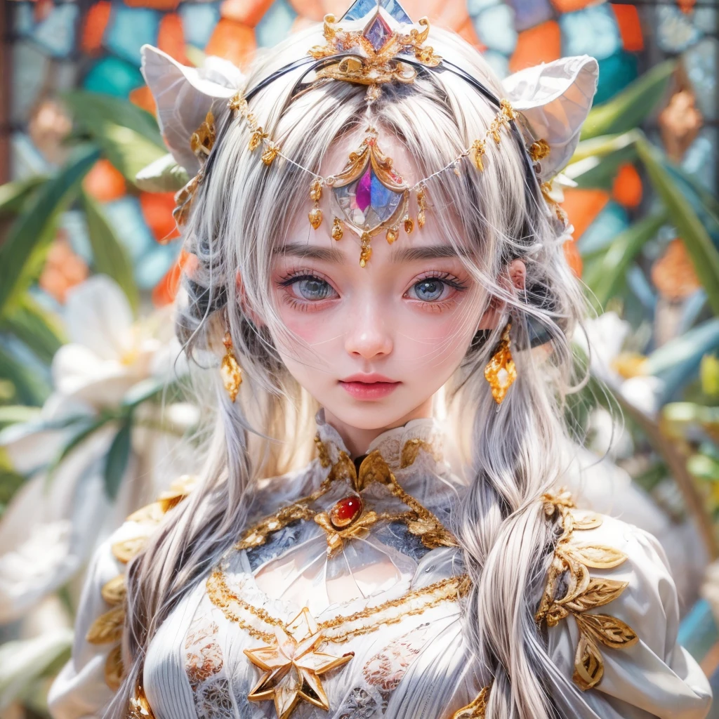 SFW, concept art, Tiny junior idol, Delicate lace knitted white clothes, Glossy Red lips and tongue, (Exposed:0.9), (nipple:-0.9), (dynamic closeup, (Dazzling stained glass Background)), (((Renbutsu Misako), colorful Light shines through stunning elaborate stained glass:1.2, vivid Red colors, lense Particle, lens flare, light Particle, Dazzling Halo, Acutance:0.8)). (masterpiece:1.2),(ultra-detailed:1.37),(realistic,photorealistic,photo-realistic:1.37), (Extremely detailed KAWAII face variations, innocent expression variations), rosy cheeks, detailed eyes with sparkling highlights, long eyelashes, subtle blush on the face. Mystic sight, haze, impeccable skin texture, captivating gaze, ((Dynamic-angle, physically-based rendering)) . (((not Detailed fingers:-0.9, large eyes:-0.8))) .