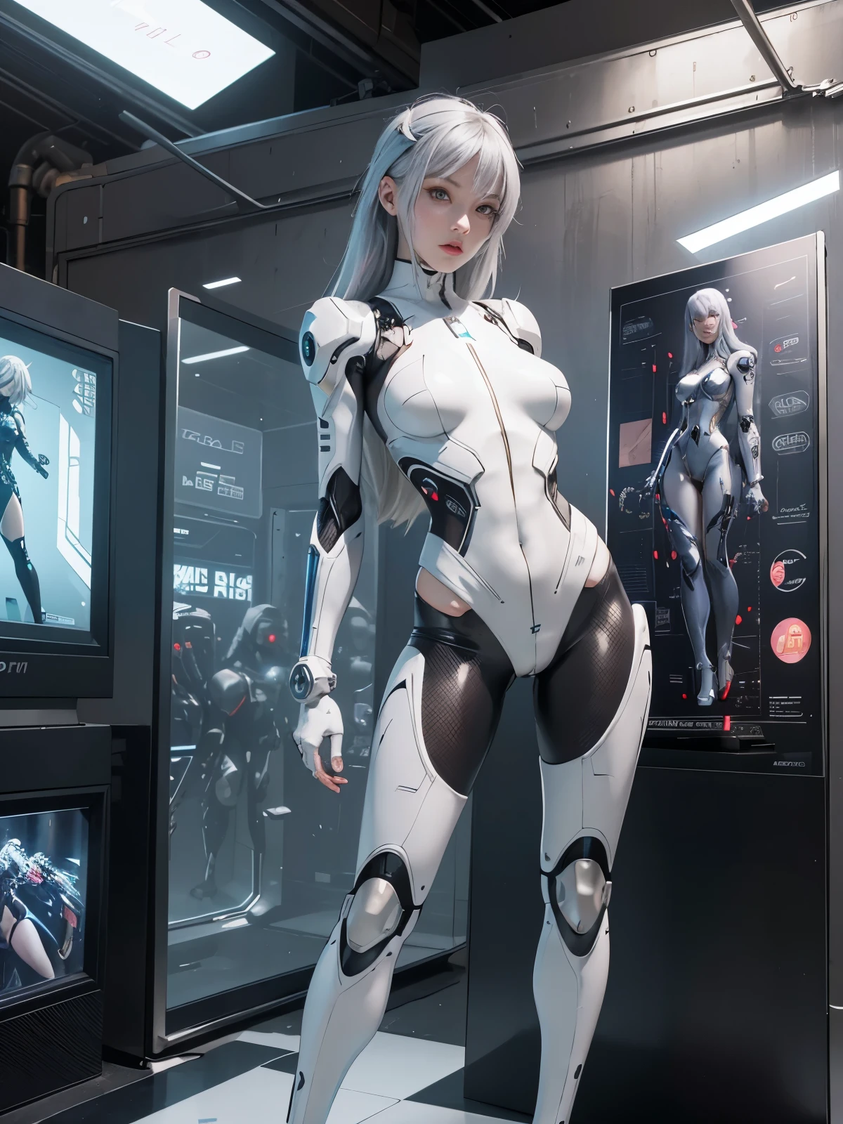 Woman in futuristic costume, Standing on the edge of the roof, cyborg - girl with silver hair, gynoid cyborg body, Anime Cyborg, perfect anime cyborg woman, biomechanical oppai, bent over (Posing on the display:1.4), Anime character; full body art, beutiful white girl cyborg, cybersuits, gynoid body, cyborg girl, cyberpunk bodysuit