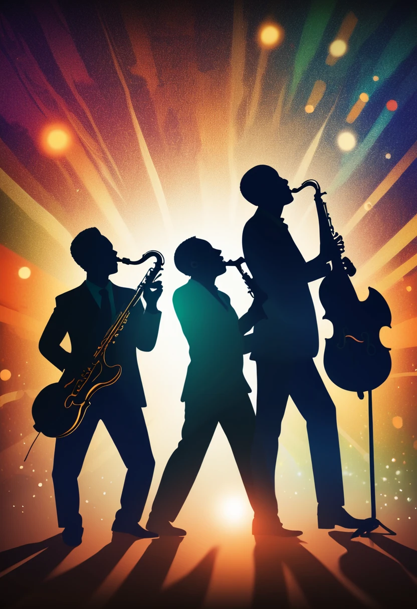 (best quality,highres:1.2),silhouette of a jazz band on a stage,colorful background,blue,orange,green,blurred,zentangle style,black,brown, crunch it, make it outstanding, the best emotive silhouette ever, sparkles, musical explosions, flying musical notes, magical, thanks. By Tupu...lol...