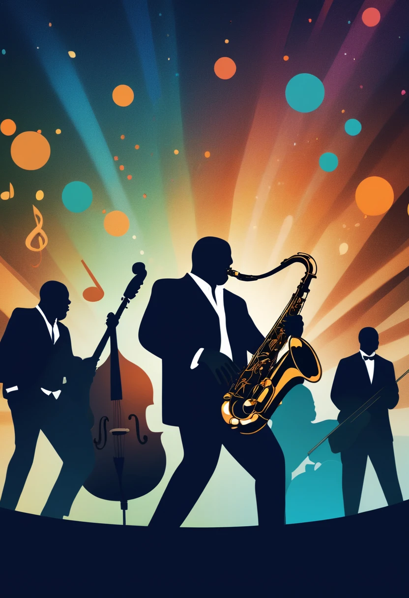 (best quality,highres:1.2),silhouette of a jazz band on a stage,colorful background,blue,orange,green,blurred,zentangle style,black,brown, crunch it, make it outstanding, the best emotive silhouette ever, sparkles, musical explosions, flying musical notes, magical, thanks. By Tupu...lol...