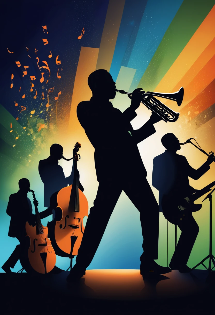 (best quality,highres:1.2),silhouette of a jazz band on a stage,colorful background,blue,orange,green,blurred,zentangle style,black,brown, crunch it, make it outstanding, the best emotive silhouette ever, sparkles, musical explosions, flying musical notes, magical, thanks. By Tupu...lol...