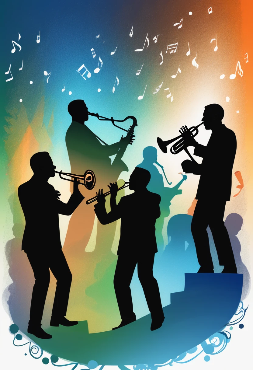 (best quality,highres:1.2),silhouette of a jazz band on a stage,colorful background,blue,orange,green,blurred,zentangle style,black,brown, crunch it, make it outstanding, the best emotive silhouette ever, sparkles, musical explosions, flying musical notes, magical, thanks. By Tupu...lol...