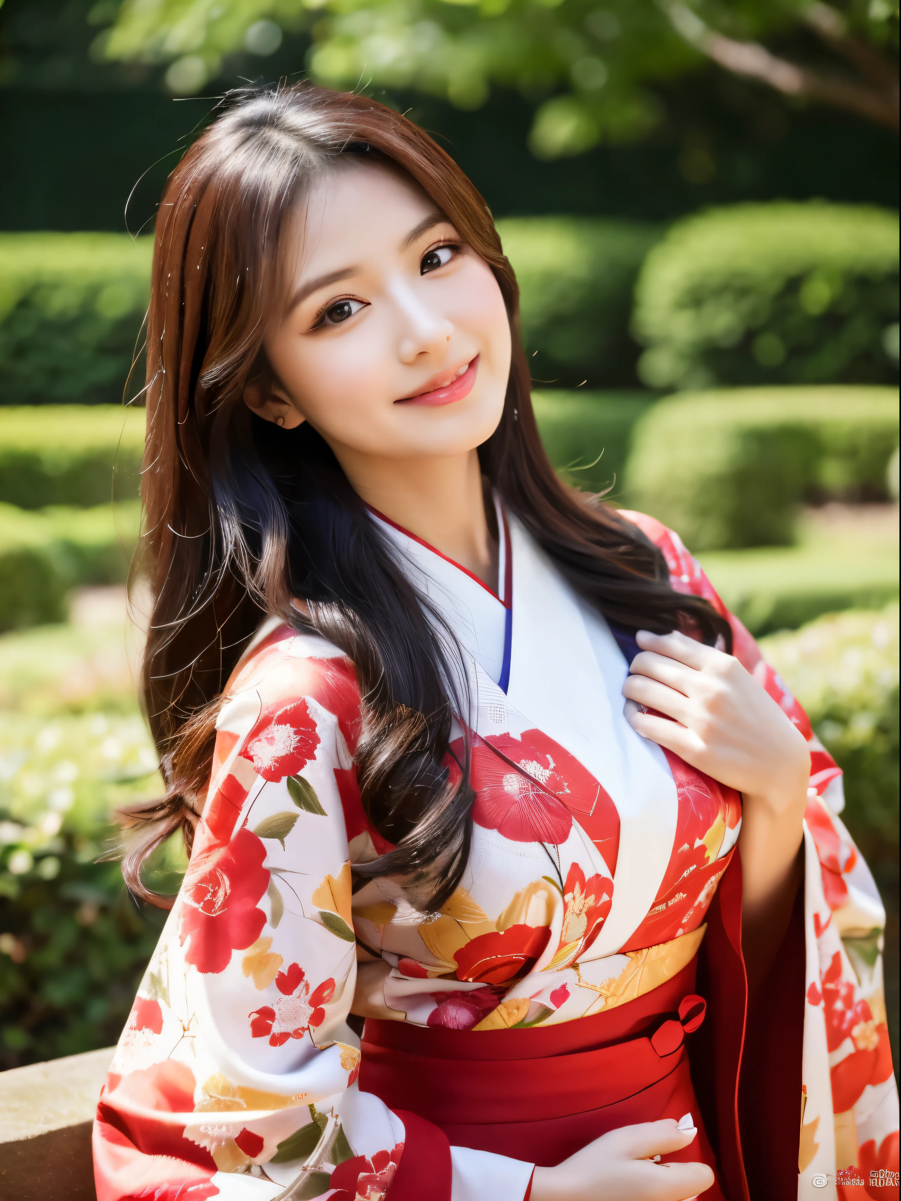 (Ultra-high definition images,Super beautiful details,(8K:1.27),beautiful日本の美しさの詳細, highest quality,red floral kimono, pieces fly, ultra high resolution:1.2) Photo of a cute Japanese woman，facial details, (beautiful:1.1)Authentic beauty,full body image,Full body high-definition painting,Against the backdrop of a Japanese garden,