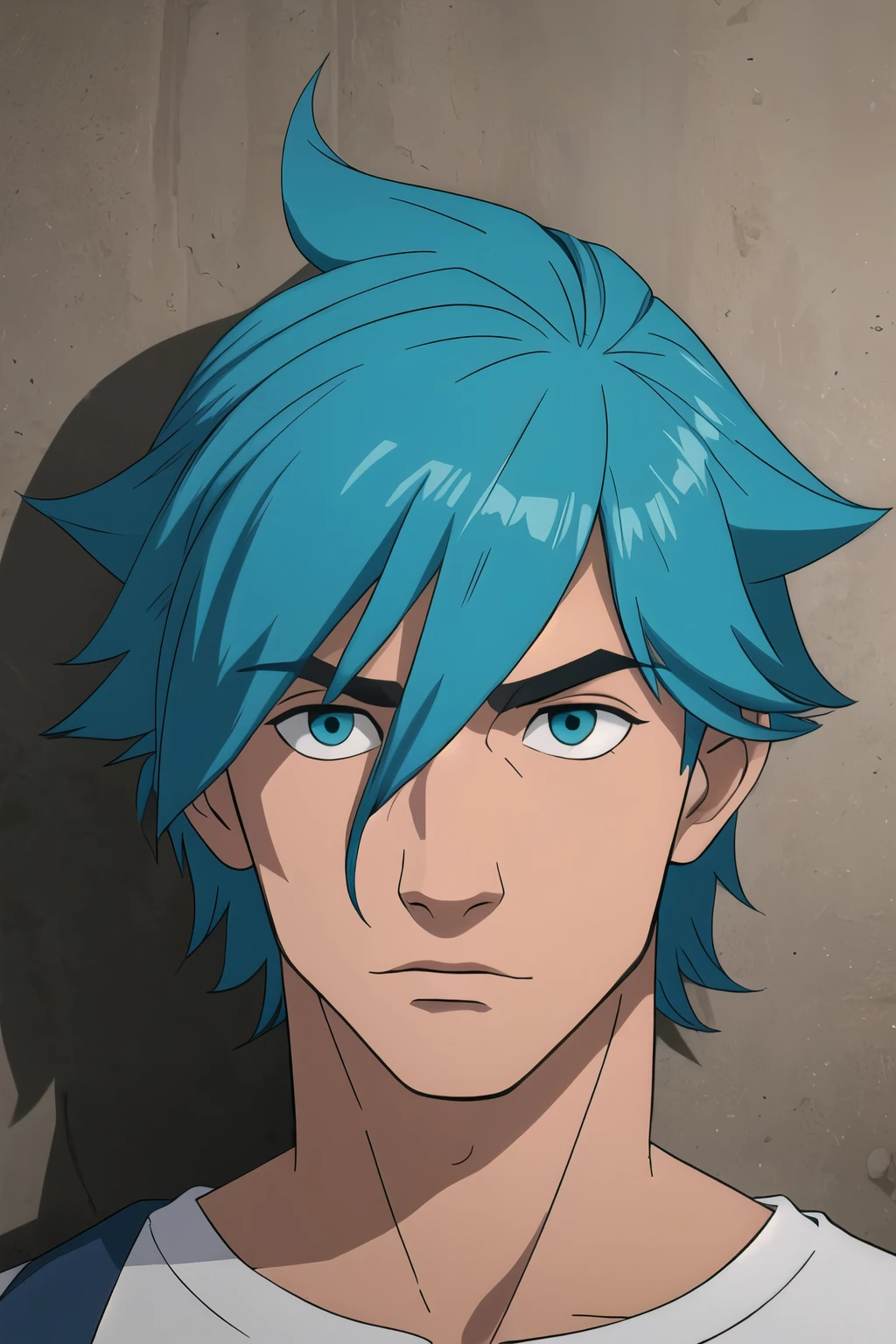 Parzival male, aqua color hair, exaggerated scared expression, headshot 